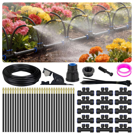 Drip Irrigation System 2 Ports - 360°Adjustable Garden Watering System 50FT with 30 Nozzles, Drip Irrigation Kit for Garden, Yard, Lawn, Greenhouse, Plants, 2/5 inch Hose