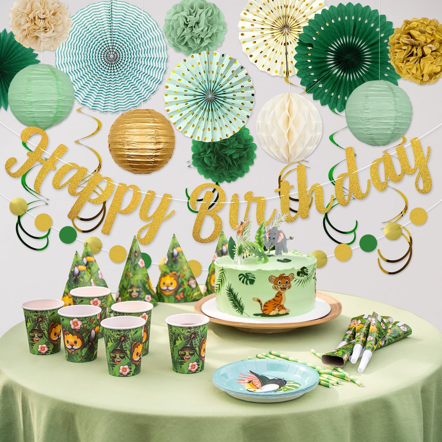Sage Green Birthday Party Decorations - 21pcs with Happy Birthday Banner, Paper Lanterns, Tissue Pom Poms, Hanging Streamers, Round Garland for Women Girls Boys Birthday Decor Supplies.