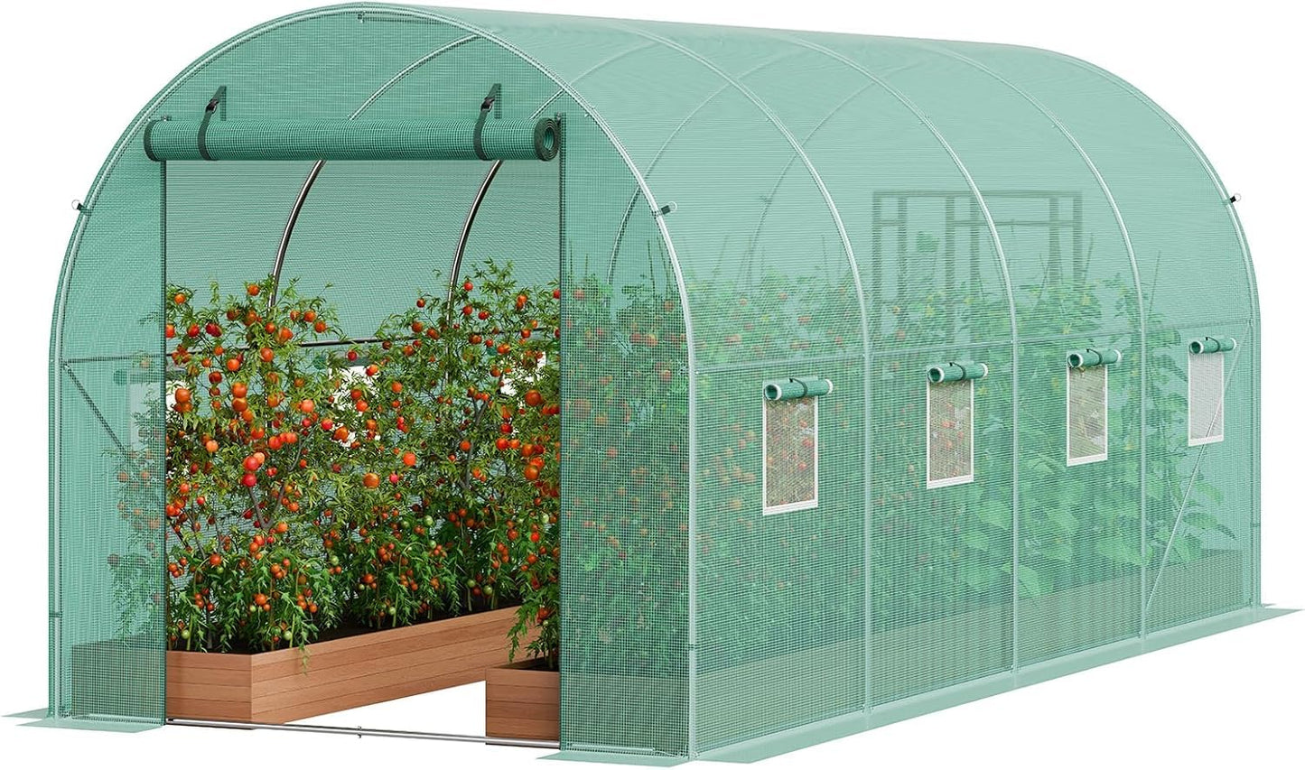15x7x7 ft Walk-in Greenhouse for Outside - Heavy Duty Galvanized Steel Hoop House with PE Cover, 8 Windows & Roll-Up Door - Outdoor Plant Tunnel for Gardening, Vegetables & Year-Round Growing