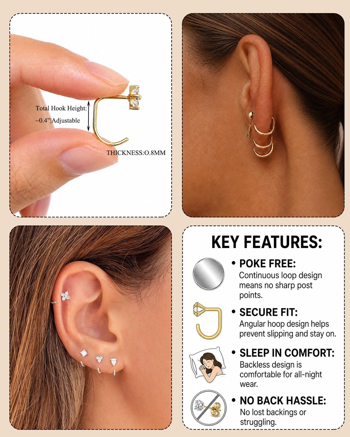 RLMOON Backless Earrings Silver Huggie Half Hoop Earrings for Women 14K Gold Plated Stay Close Hoop Earrings No Back Comfort Fit Hypoallergenic Stackable Earrings to Sleep in
