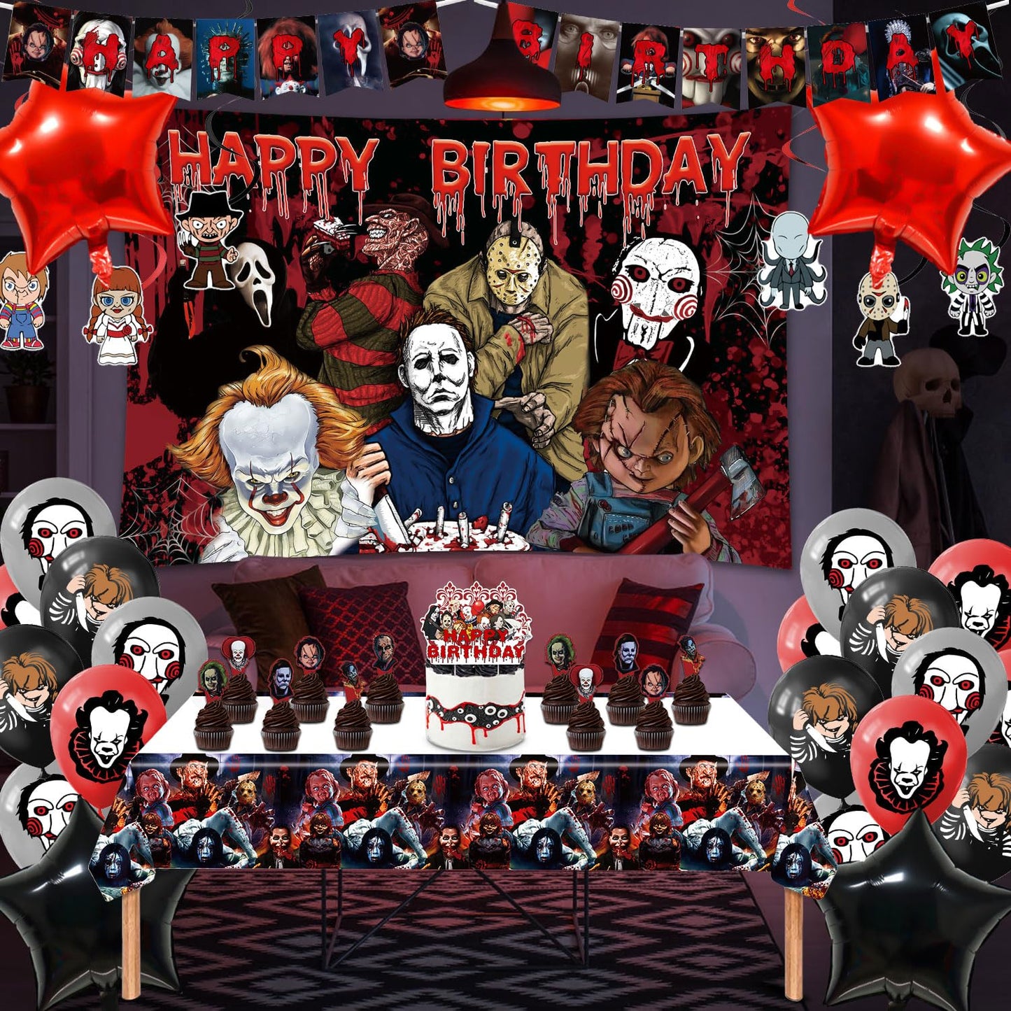 Taeku Horror Birthday Party Decorations – 50 Pcs Halloween Theme Kit with Banner, Balloons, Cake Toppers, Backdrop & Tablecloth – Scary Party Supplies for Kids & Adults