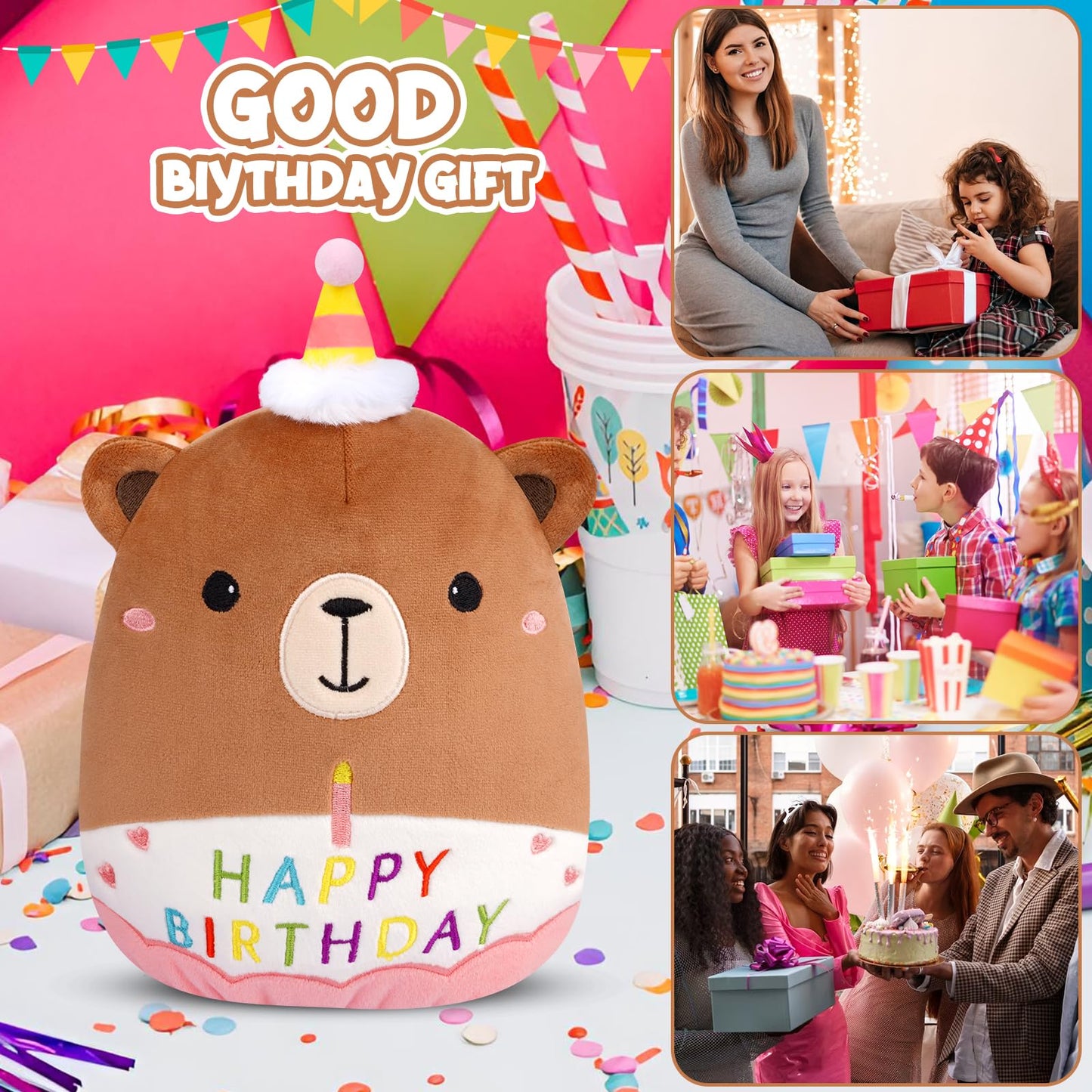 Prewplam Happy Birthday Teddy Bear Plush - 8inch Birthday Stuffed Animal Bear Plushie Pillows Toys, Soft Doll Gifts Party Decoration for Kids Girls Boys