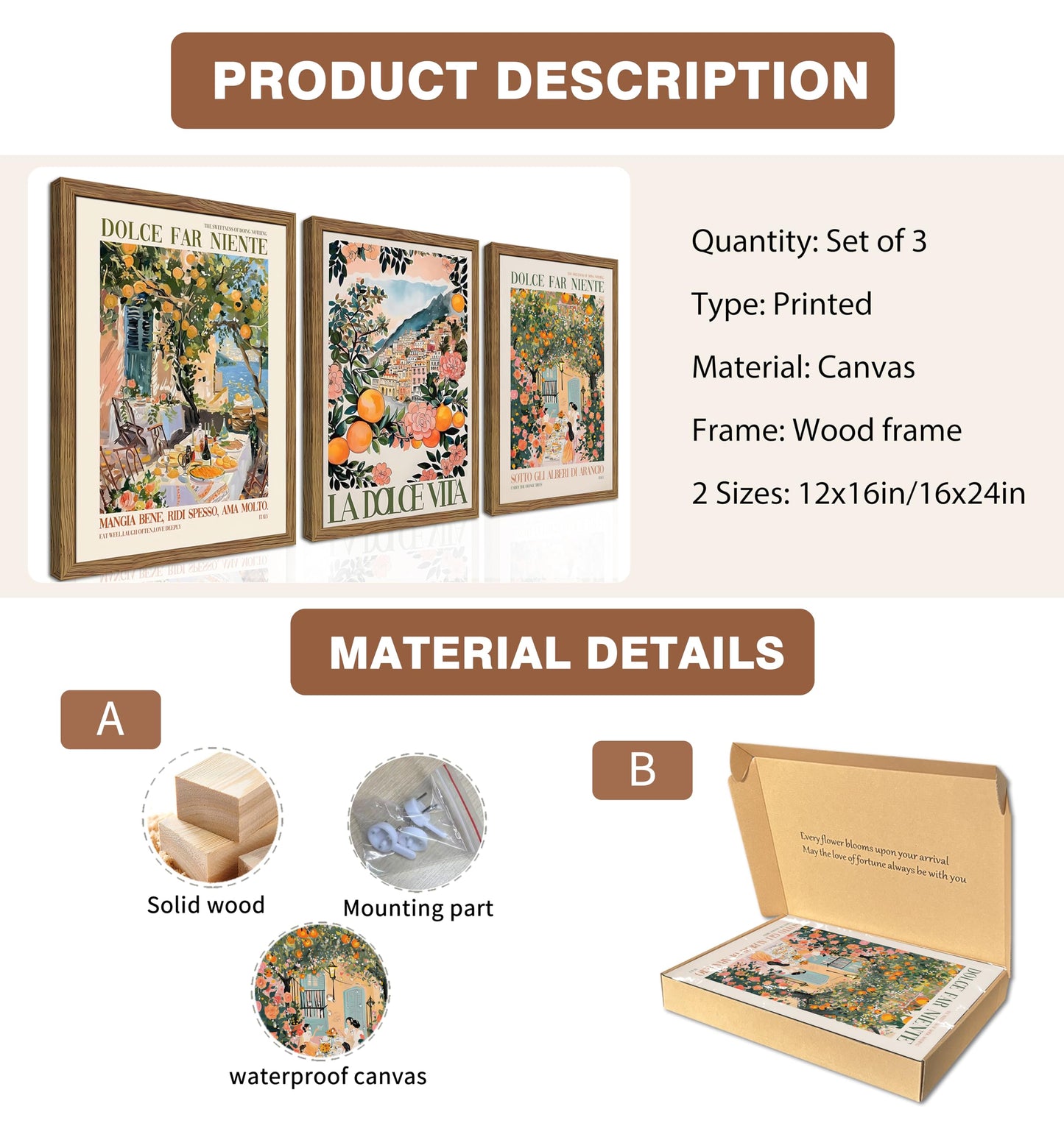 Framed Italian Scenery Wall Art Set of 3, Amalfi Coast Kitchen Wall Art, Vintage City Landscape Canvas Print, Trendy Italian Food Pictures Artwork for Living Room Dining Room – 16x24 inch