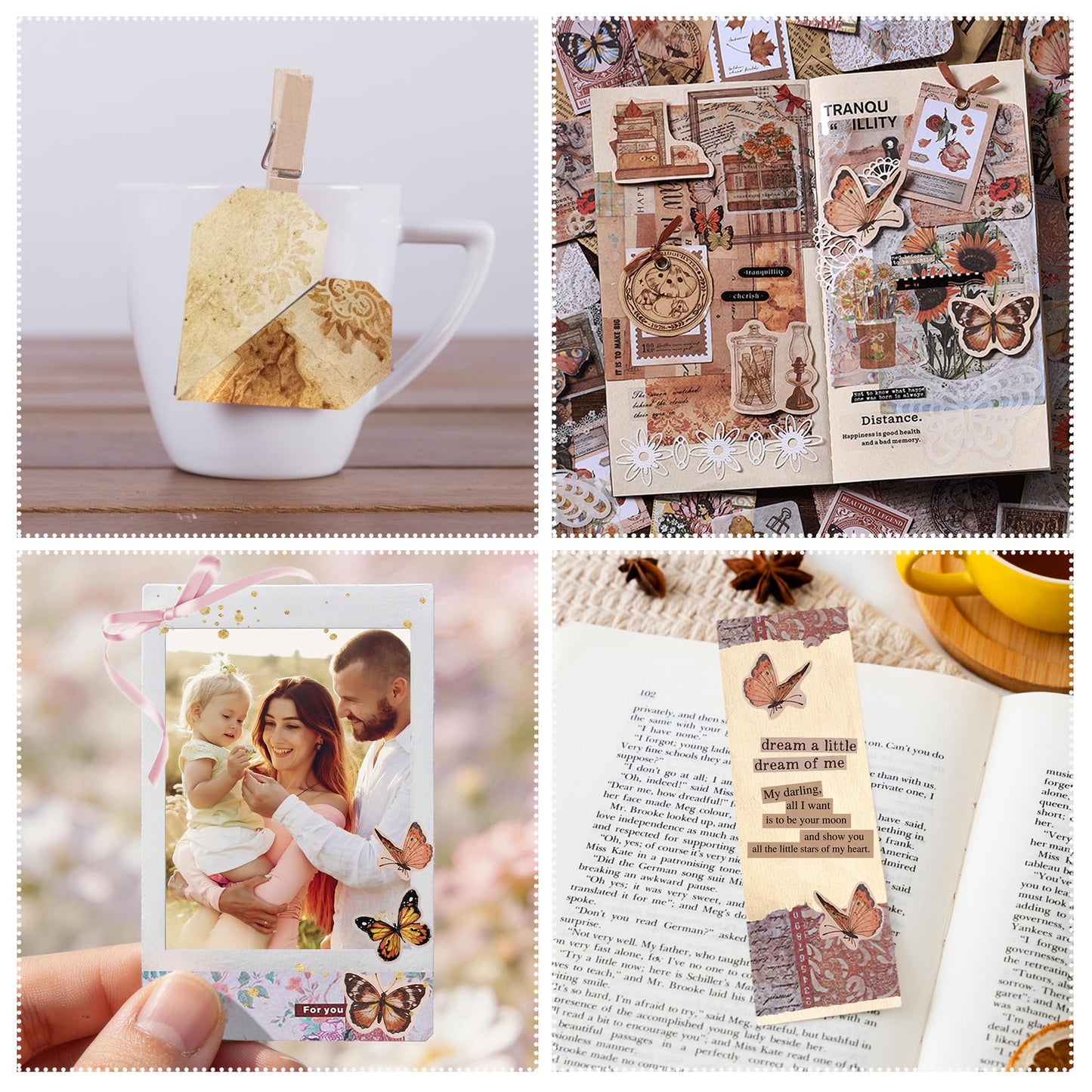 Npcswxq 200Pcs Vintage Scrapbook Paper Sticker Kit, Nature Flowrs Scrapbooking Decals for Junk Journal Supplies Card Making Stationery Album, Collage, Planner, Gift Wrapping Craft