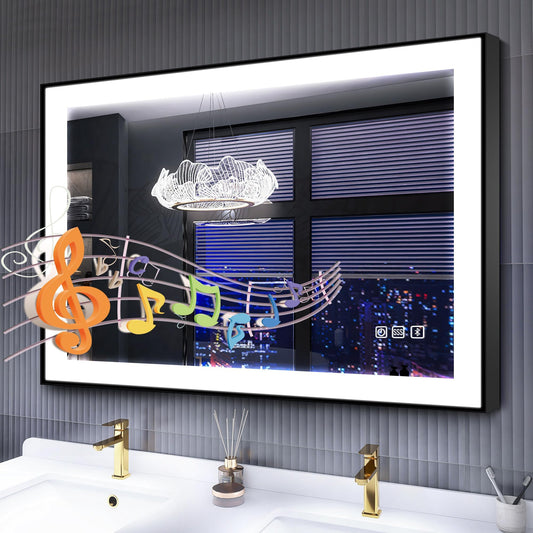S·BAGNO 40" x 28" LED Bathroom Mirror with Black Frame, Led Mirror for Bathroom, Built in Bluetooth Speaker, Dimmable Brightness, Color Changing, Anti-Fog, Horizontally/Vertically