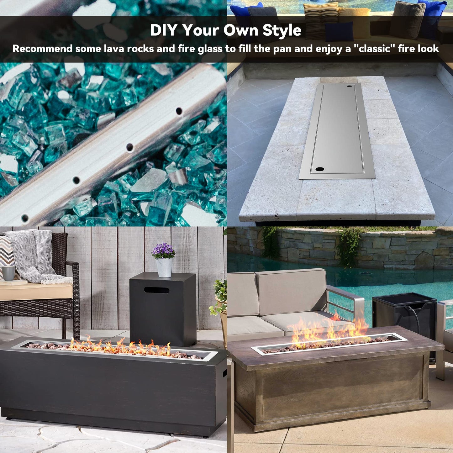 Skyflame Linear Stainless Steel Drop-in Fire Pit Pan and Burner with Burner Cover, 36 by 6-Inch