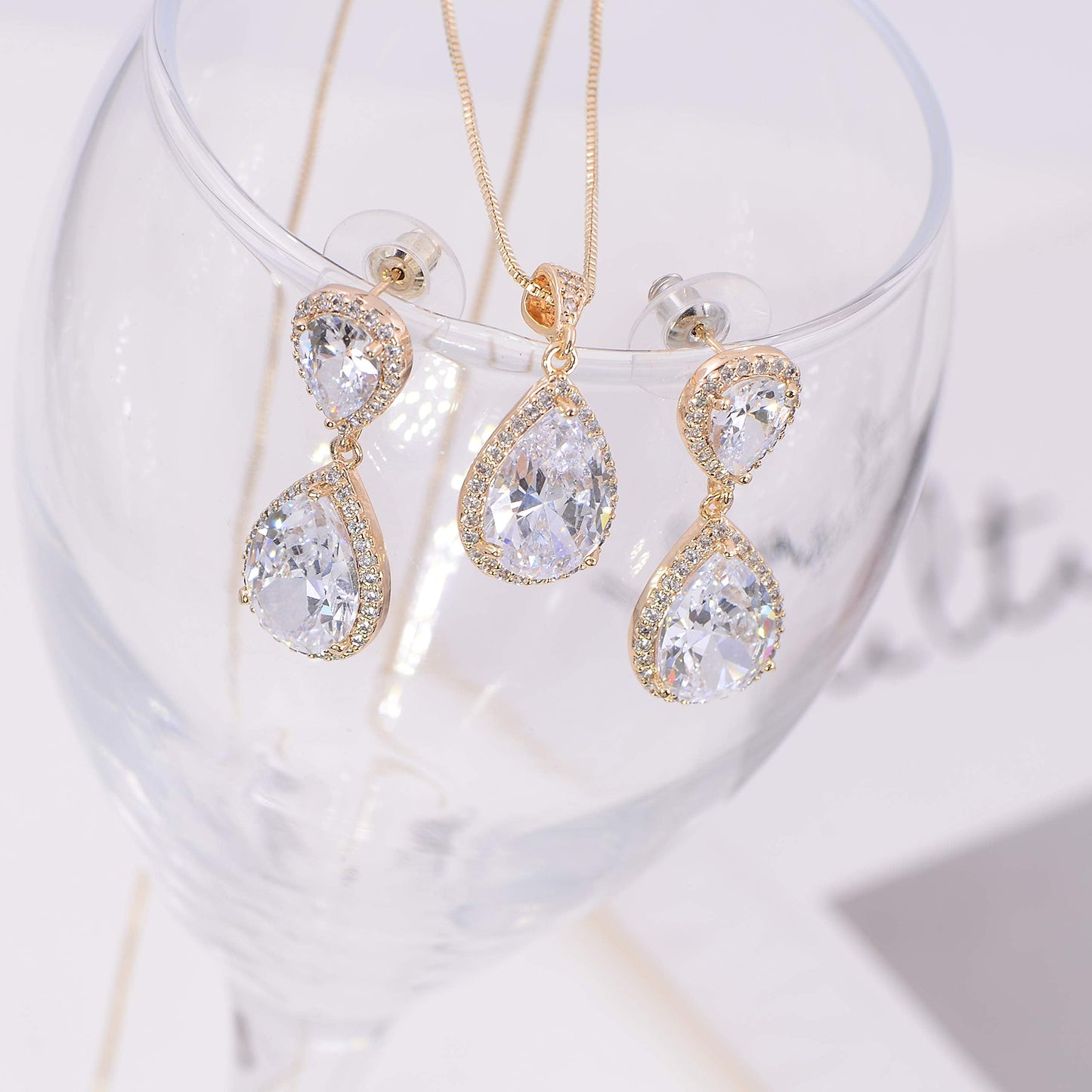 Crystal Jewelry Set for Women - Gold Pear-Shape Sterling Silver Full Teardrop Cubic Zirconia Bridal Pendant Necklace Dangle Earrings Set for Prom Party Wedding Jewelry Set for Bride Bridesmaids