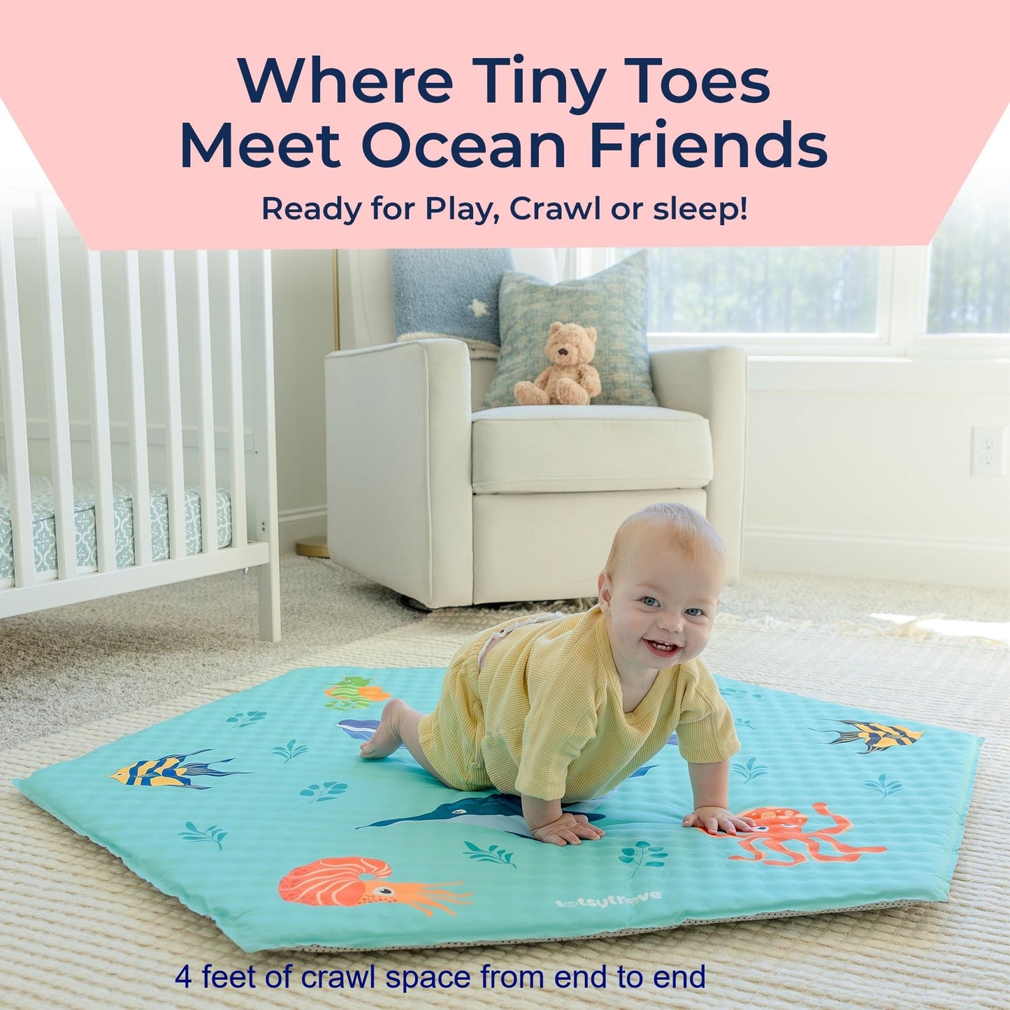 Self Inflating Hexagon Playpen Mat - 52" x 45" Non-Slip Cushioned Portable Play Area - Thick Soft Baby Play Mats for Floor - Easy Care Playmat for Infants and Toddlers - Baby Crawling Mat - Marina