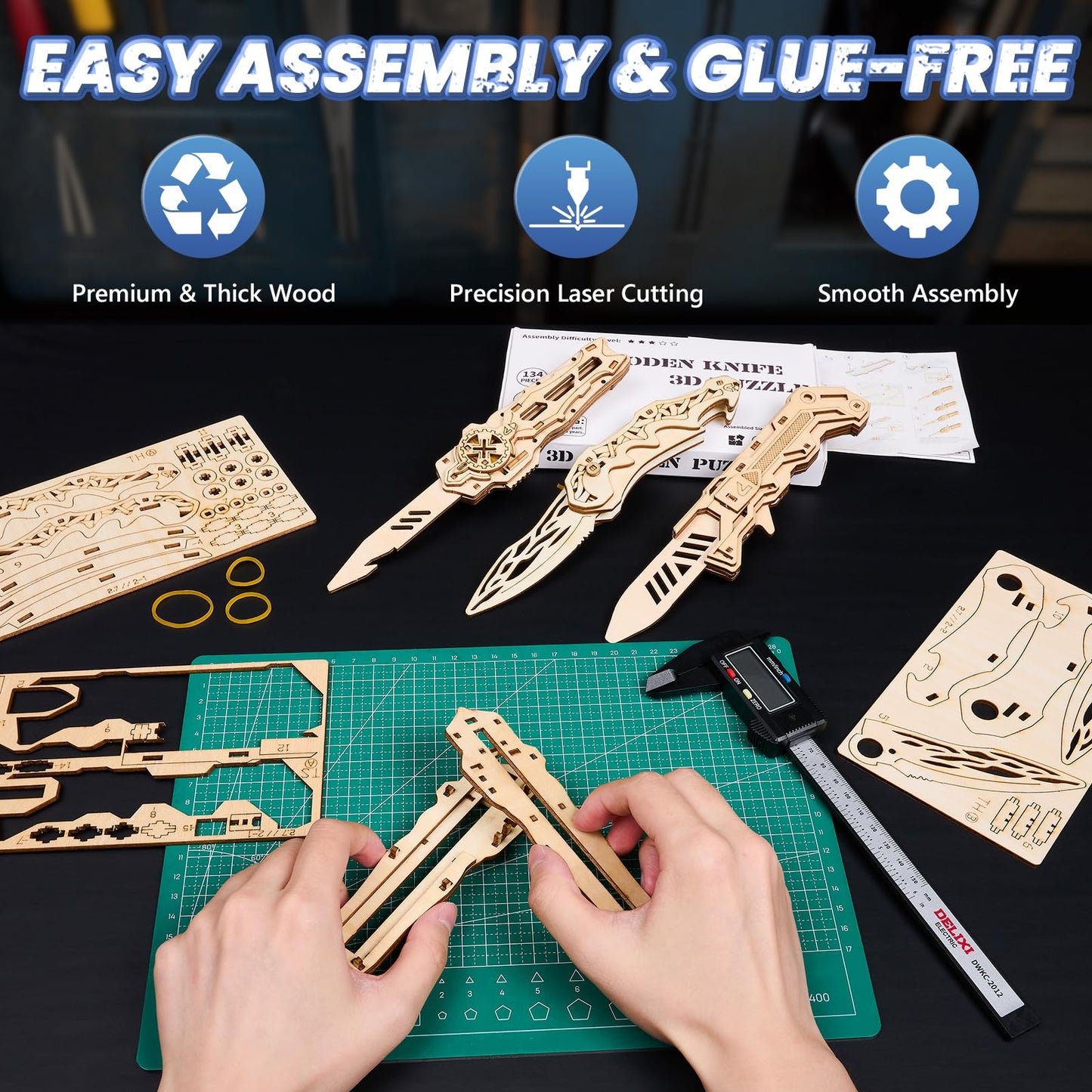 Uplike 3D Wooden Puzzle for Adults: 3-in-1 DIY Wooden Puzzles Knife Kit - 134 Pcs Brain Teaser Mechanical Model Building Toy for Adult Hobby - Wooden Craft Art Unique Gift Idea for Teens Men