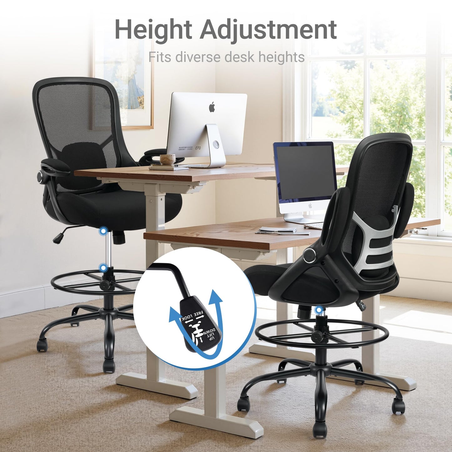 HYLONE 400lbs Big and Tall Heavy Duty Drafting Chair 5" Thickened Seat Tall Office Chair Flip-Up Armrests Ergonomic Chair with Lumbar Support and Adjustable Footrest Ring Standing Desk Chair (Black)