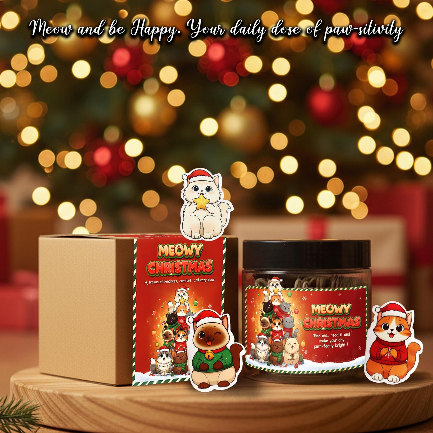 Meowy Christmas Jar with 60 Positive Cat Affirmation Cards, Gifts for People Who Love Cats, Cat Gifts for Women, Teens, Friends, Sisters, Emotional Support Cats, Christmas Gift Ideas Stocking Stuffers