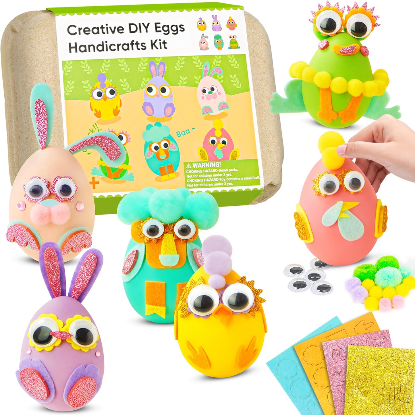 CZTCDP Arts and Kids Crafts Kits - Egg Pom Poms Decoration Craft Supplies & Materials for Toddler DIY School Supplies Kit Birthday Gifts for Girls Boys Age 2-4