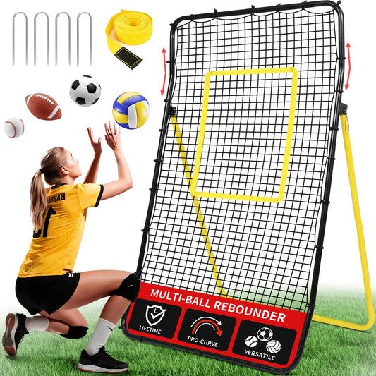 BAGAIL Volleyball Rebounder Net 7x4 Ft, Bounce Back Training Equipment with Unique Curved Frame for Better Catching, 5 Adjustable Angles for Volleying & Spiking, Easy Set Up & Sturdy Base - Yellow