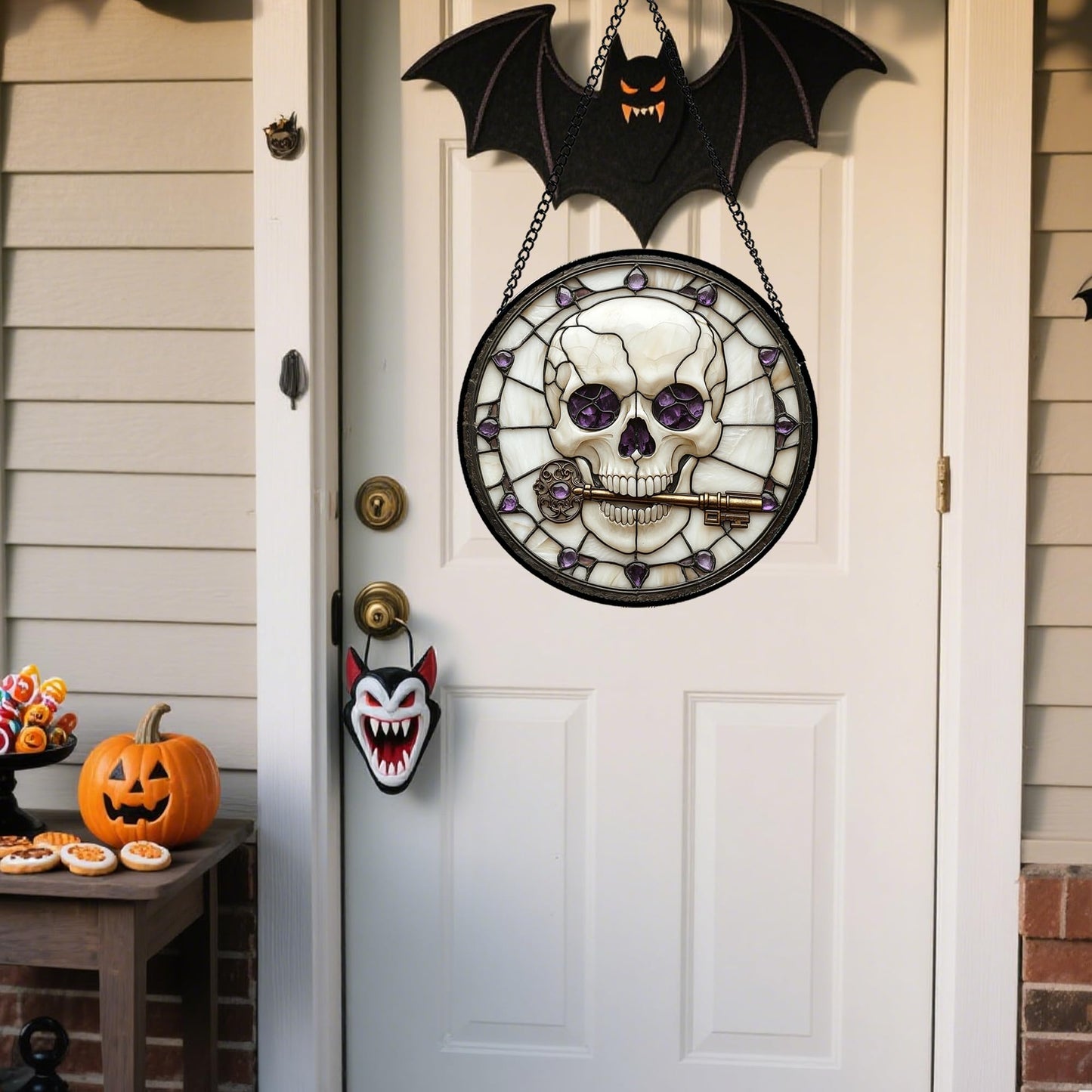 CRISGIF Stained Glass Window Hanging - Halloween Scary Skull Suncatcher for Doors Garden Home Spooky Purple Skeleton Key Sun Catchers Gothic Decor Horror Gifts for Women Men Friend Boy Girl 6.3 in