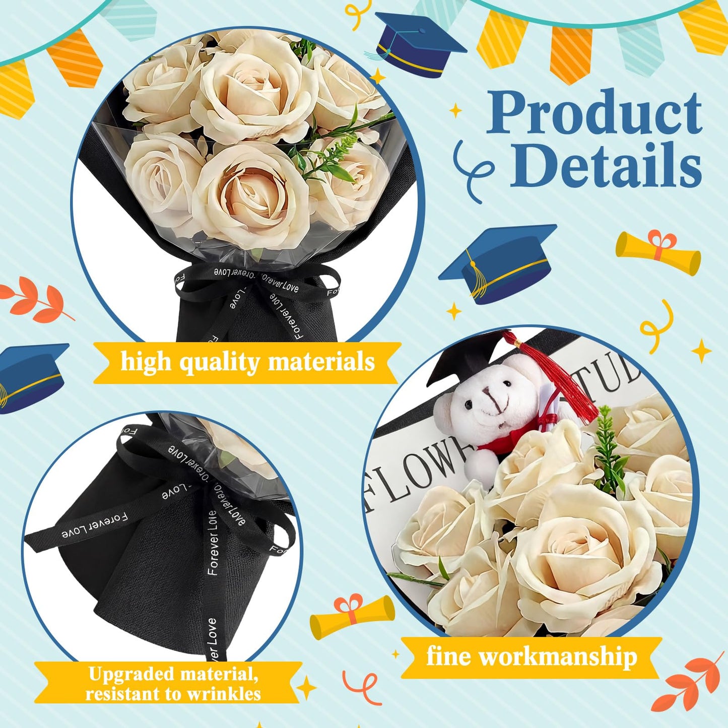 Giegxin 3 Pcs Graduation Bear Flower Bouquet Set Includes Artificial Roses Flower Bouquet Mini Plush Bear with Grad Cap Greeting Card Gift Bag for 2026 Graduation Party Favors Supplies (Yellow)