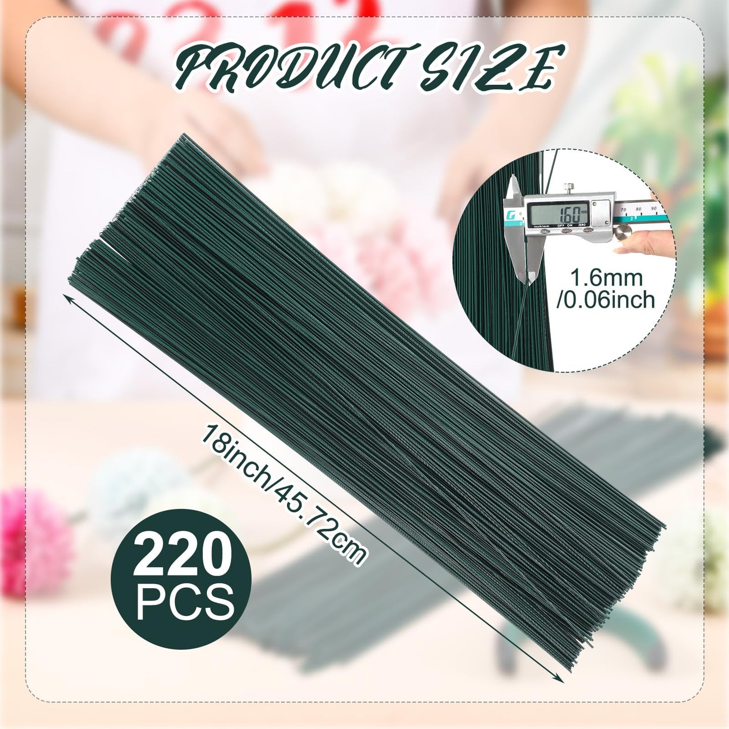 Zonon 220 Pcs 16 Gauge Enameled Floral Wire 18 Inch Florist Wire Bulk Flower Stems for Crafts DIY Bouquet Wrapping Artificial Flower Arrangements Supplies Wedding Prom Corsage, Dark Green