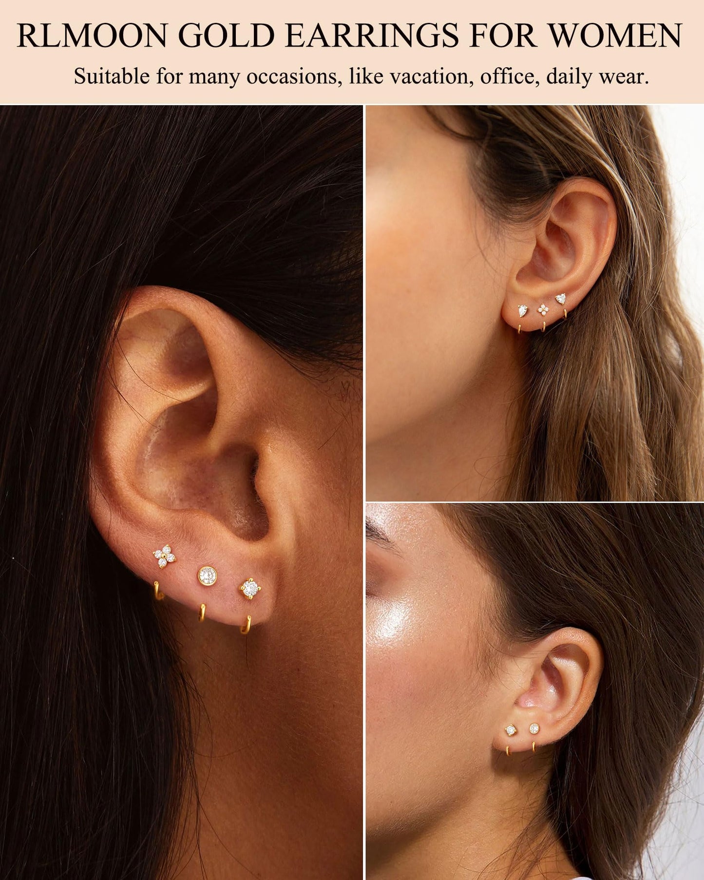 RLMOON Backless Earrings Gold Huggie Half Hoop Earrings for Women 14K Gold Plated Stay Close Hoop Earrings No Back Comfort Fit Hypoallergenic Stackable Earrings to Sleep in