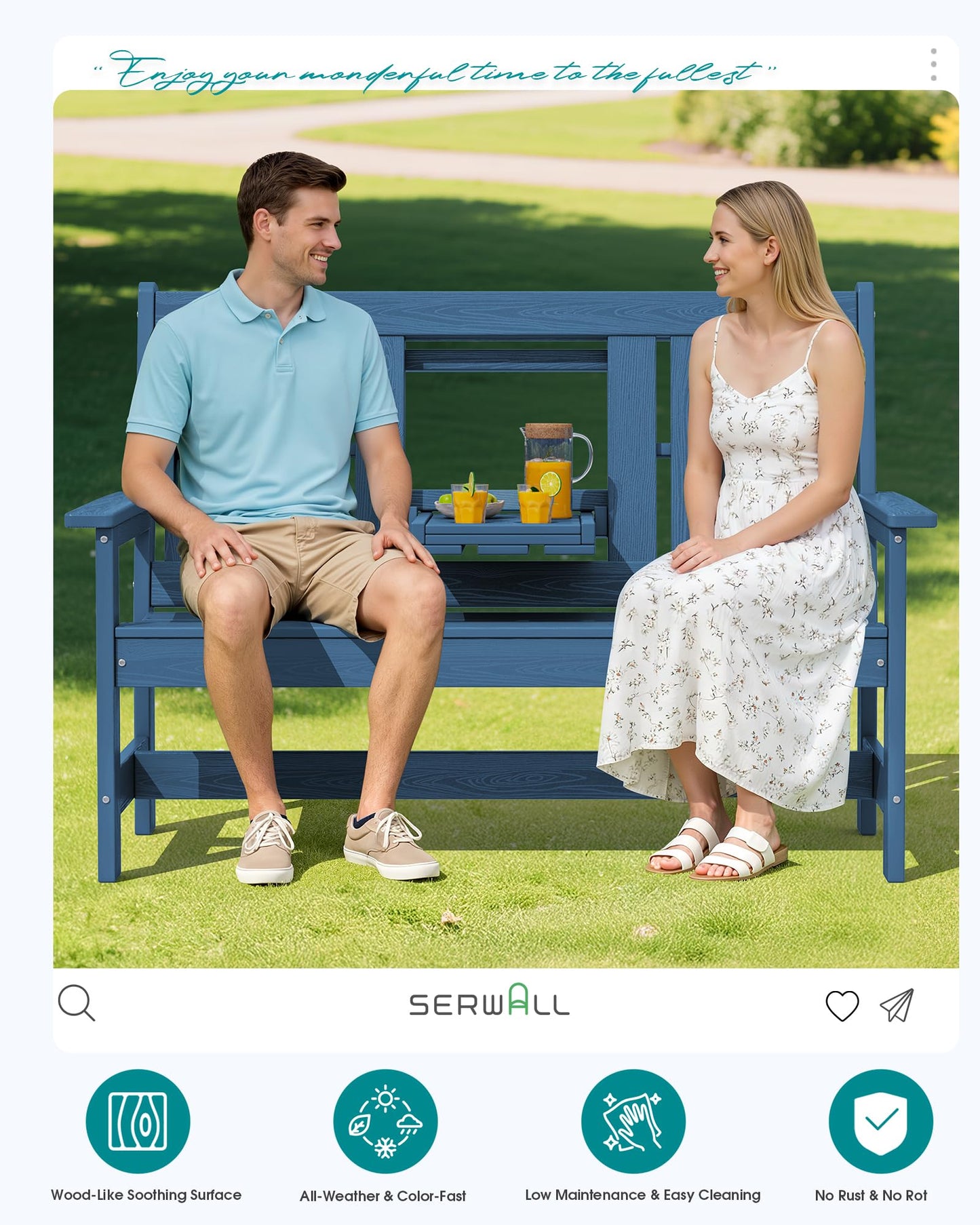 SERWALL Outdoor Bench with Cup Holder, 58" HDPE Front Porch Bench Suitable for 3 Person, All Weather Patio Benches with High Backrest and Wide Armrests for Garden, Park, Yard, Navy