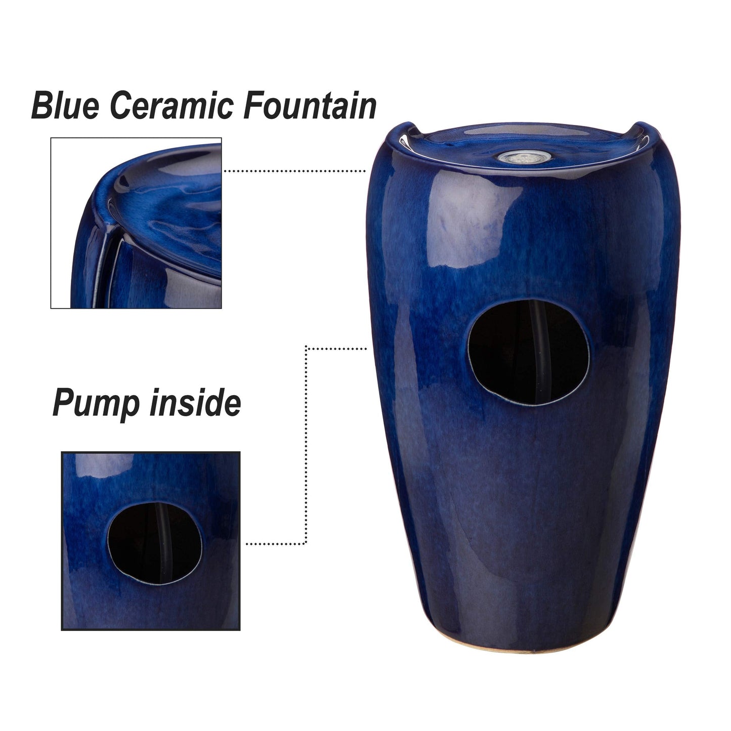 Glitzhome Ceramic Vase Outdoor Water Fountain Tall Patio Garden Water Fountain with LED Light and Submersible Pump Yard Art Decor, 20.5”H, Blue