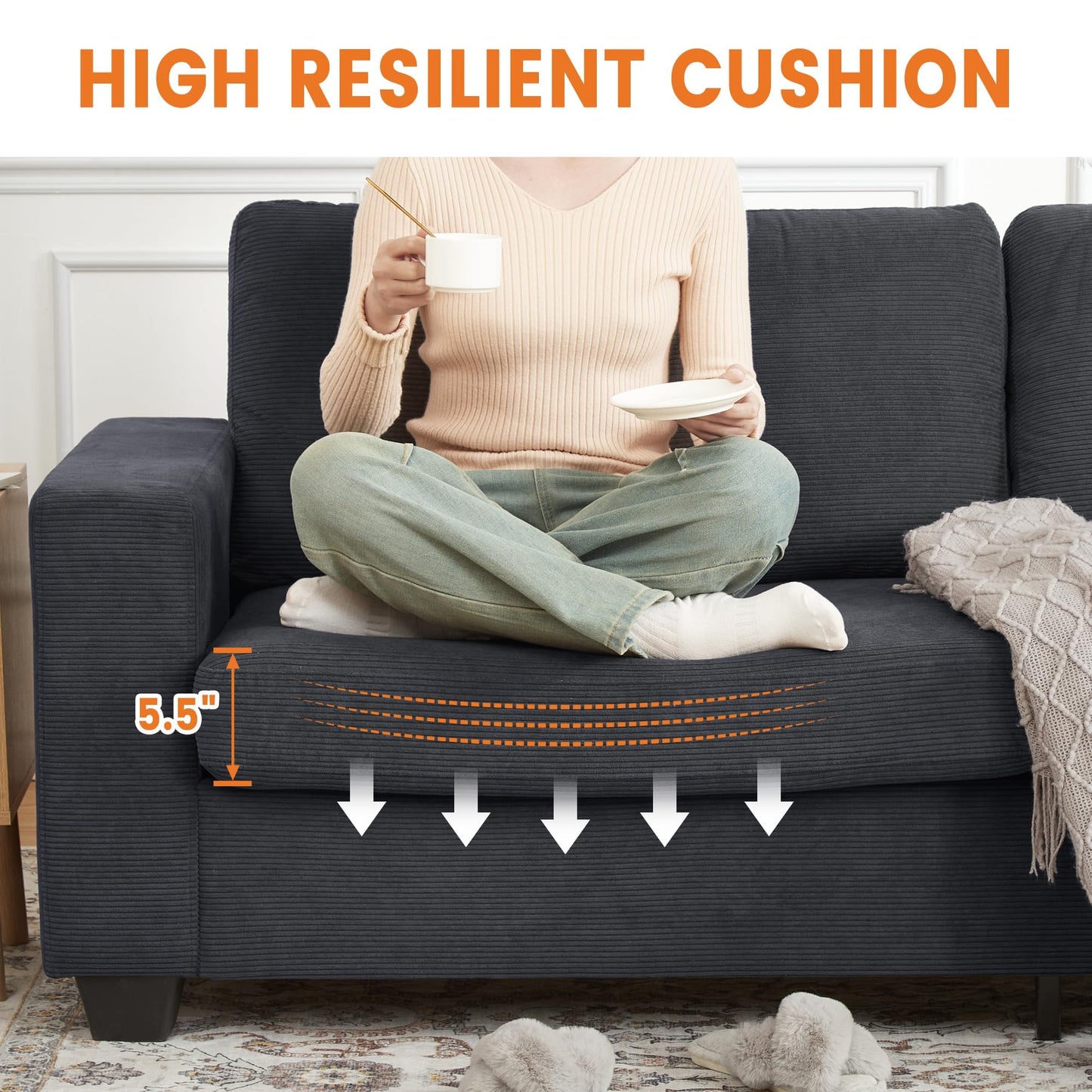 BouPower 84" Corduroy Loveseat Sofa for Living Room, Modern Upholstered Sofa with Wide Armrests, Modern Plush Deep Seat Sofa Couch, Oversized Comfy 3-Seater Sofa for Living Room, Apartment, Grey