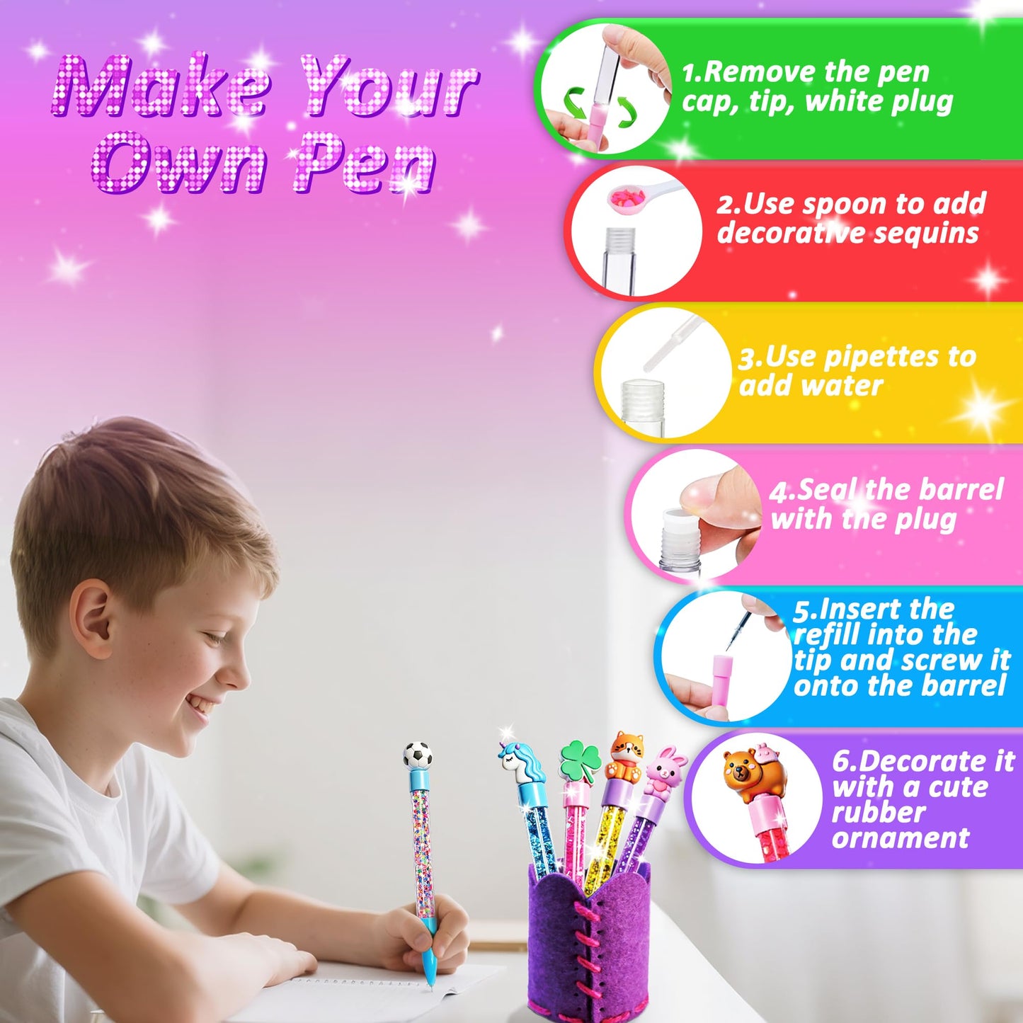 MOMUSE DIY Pen Making Kit, Fun Pen Creator Studio – Make 6 Sparkly Glitter Pens & Stitch Your Own Pen Holder, Creative Craft Toy Sewing Kits for Kids Girls Tweens 6 7 8 9 10 11 12 Birthday Gift