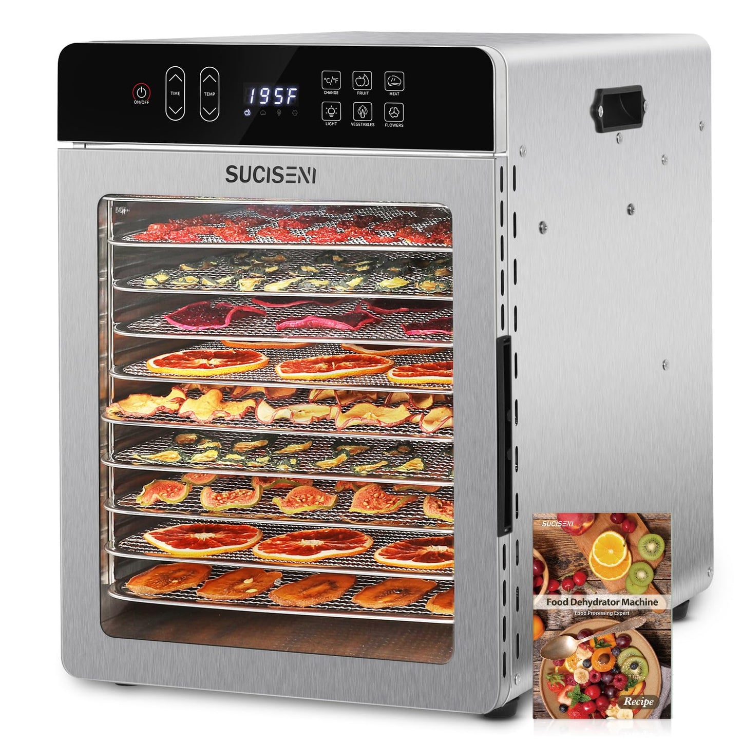 SUCICENI Food Dehydrator for Jerky, 10 Stainless Steel Trays 9ft² Dehydrator Machine, 1000W Dehydrator with 24H Timer 195℉ Temperature Control for Meat, Fruits, Veggies, Dog Treats