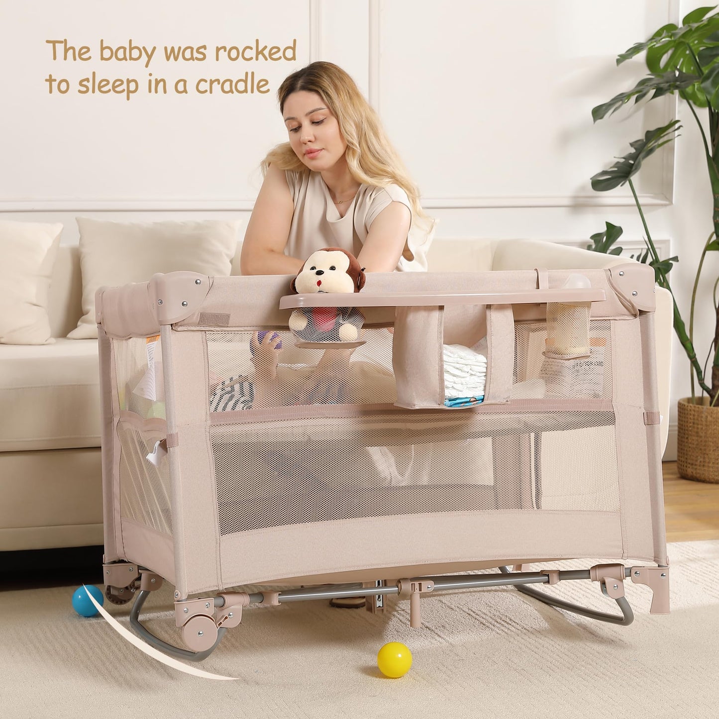 4 in 1 Pack and Play, Portable Travel Baby Bassinet, Foldable Travel Playard Playpen for Toddler, Bedside Crib Sleeper, Diaper Changer Table, Baby Playard for Newborn (Champagne)