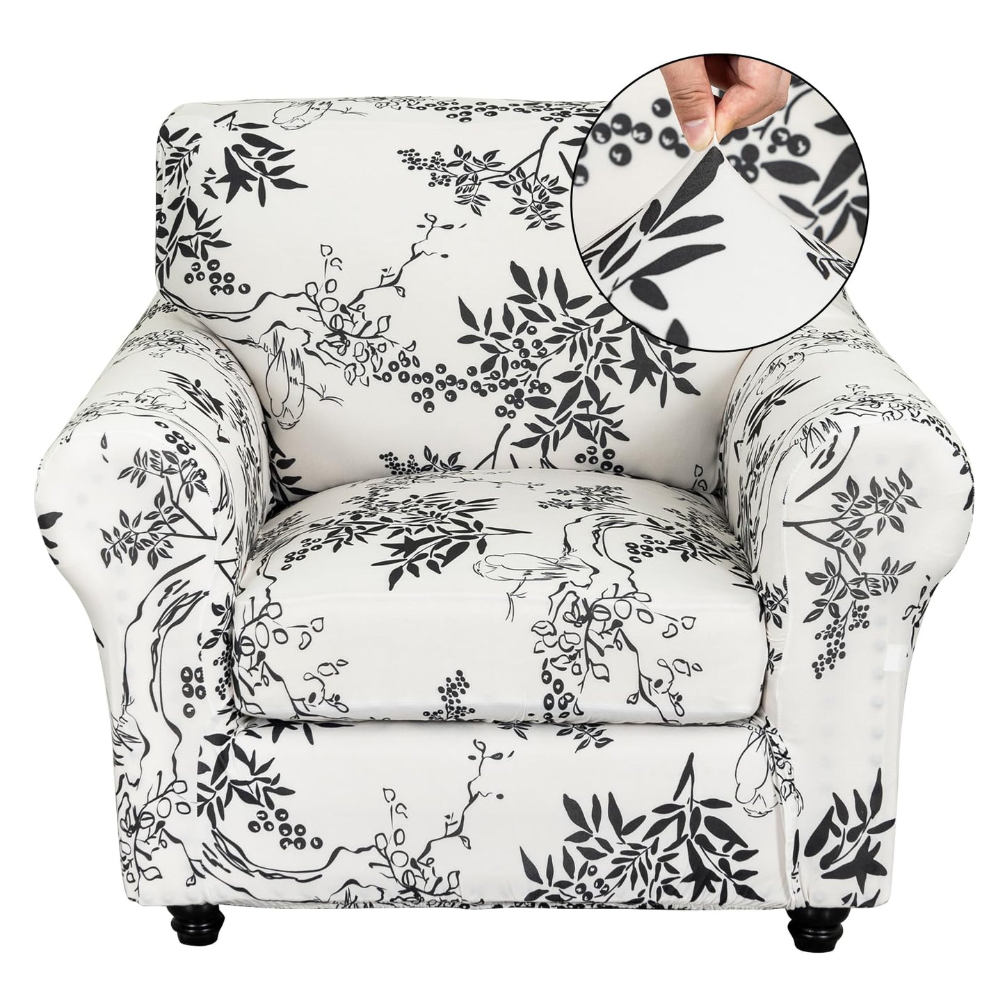 FUANGUI 2 Piece Chair Covers Stretch Arm Covers Chair Couch Covers, Armchair Slipcover with Separate Chair Cushion Cover, Floral Washable Chair Protector for Living Room (Armchair, Ink Pattern)