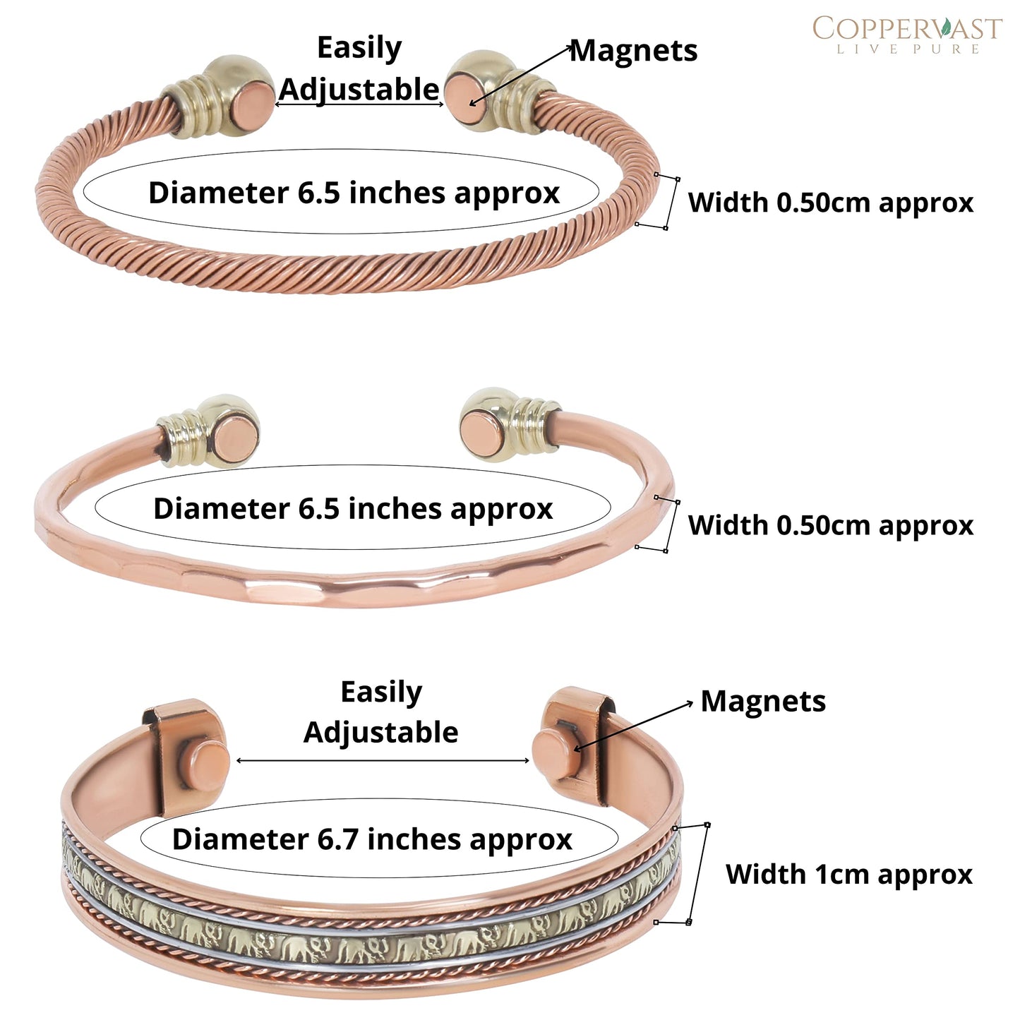 Coppervast Copper Bracelets- for Men and Women| Set of 3 with Gift Box | Gift for Men & Women | gifts for mom -Handmade 100% Copper (Elephant)