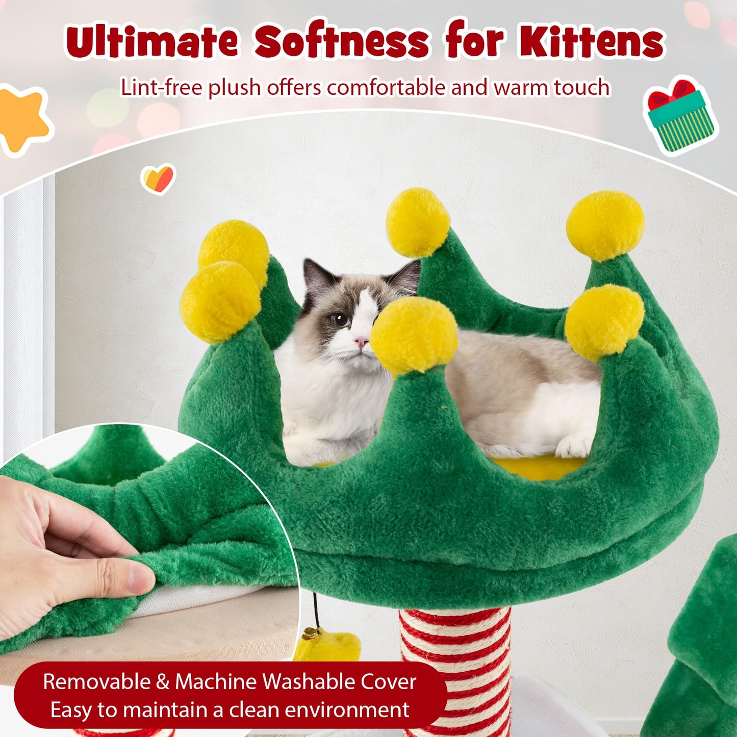 PETSITE 61 inch Christmas-Themed Cat Tree, Multi-Level Cat Tower with Sisal Scratching Posts, 2 Gift Box-Shaped Cat Condos, Hanging Teasing Ball, and Spring Toys, Cute Cat Tree Tower for Indoor Cats