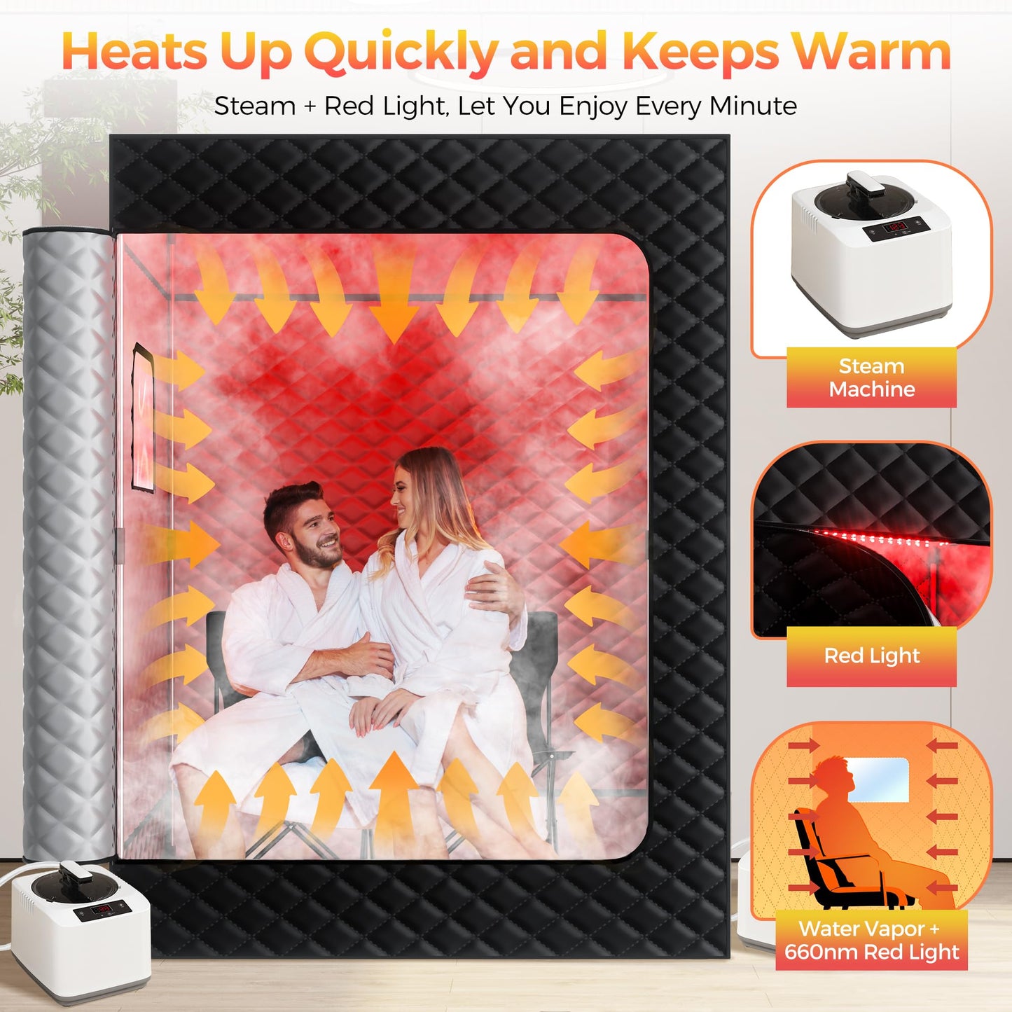 KASUE Upgraded 2 Person Sauna, Portable Infrared Sauna with 5-Layer Waterproof, 2 Steamers, 2 Folding Chair, 71”x 36”x 49” for Indoor, Outdoor, Gym, Spa, Carbon Black