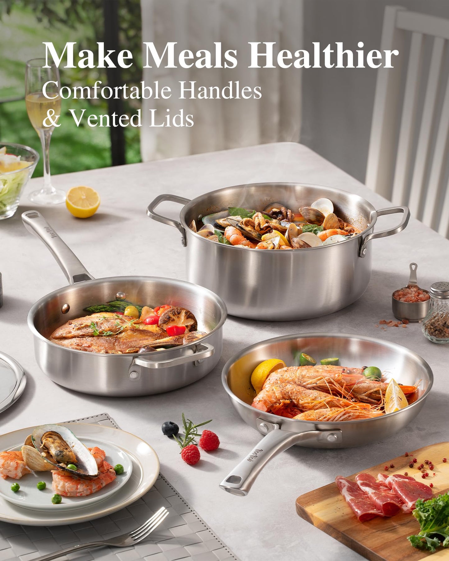 Stainless Steel Cookware Set,Tir-Ply Pots and Pans Set,10 Pcs Stainless Steel Induction Kitchen Cookware Sets,PFOA Free, Frying Pans, Butter warmer,Saute Pan & Stock Pot,Compatible with All Cooktops