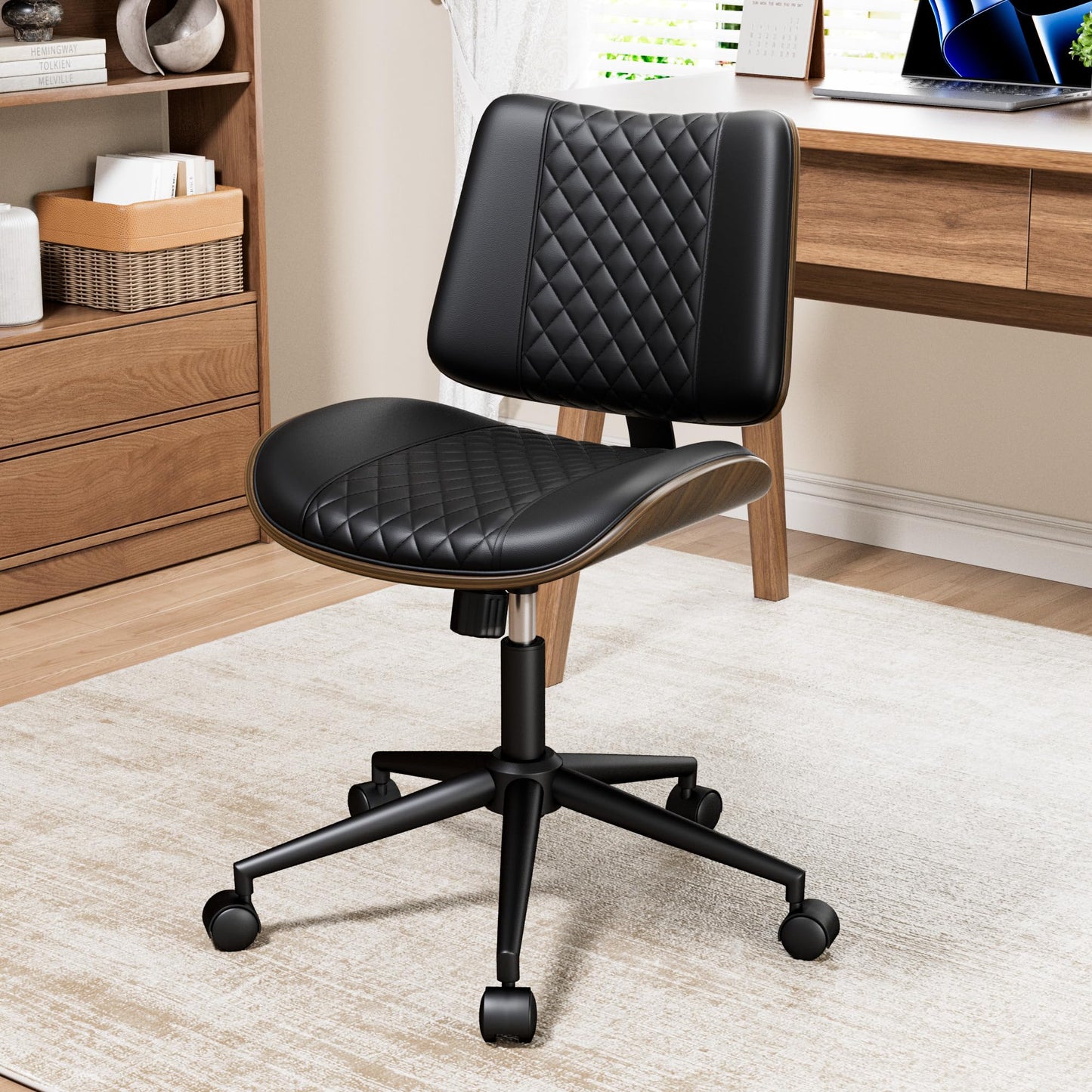 REONEY Home Armless Office Chair with Wheels, Modern Walnut Armless Desk Chair, Adjustable Swivel Rolling Task Chair with Curved Back for Small Space, Reading, Meeting Room, Black
