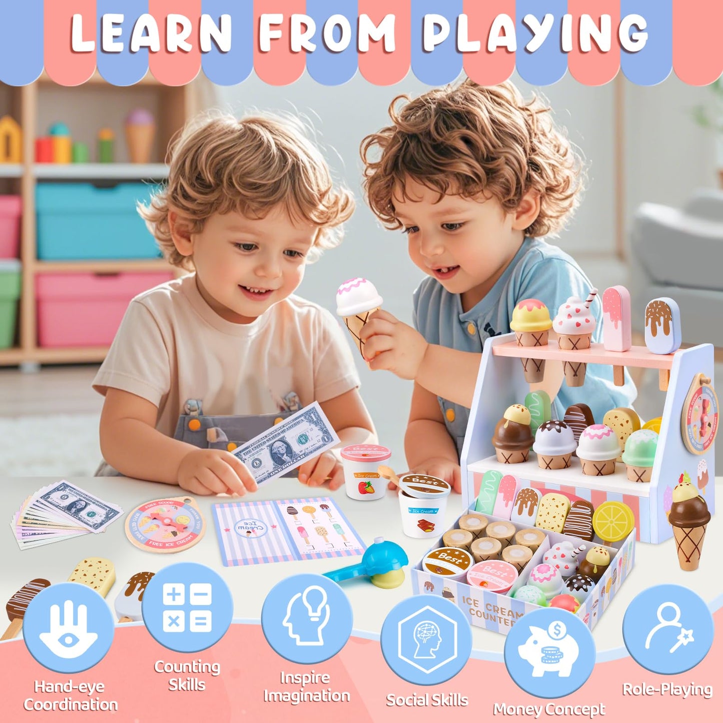 Ehome Wooden Ice Cream Toys Set Pretend Play Food Store for Kids Serve Ice Cream Counter Shop Kitchen Playset with Lucky Wheel, Scoop, Menu, Fake Money for Boys and Girls Ages 3 4 5 6 Birthday Gift