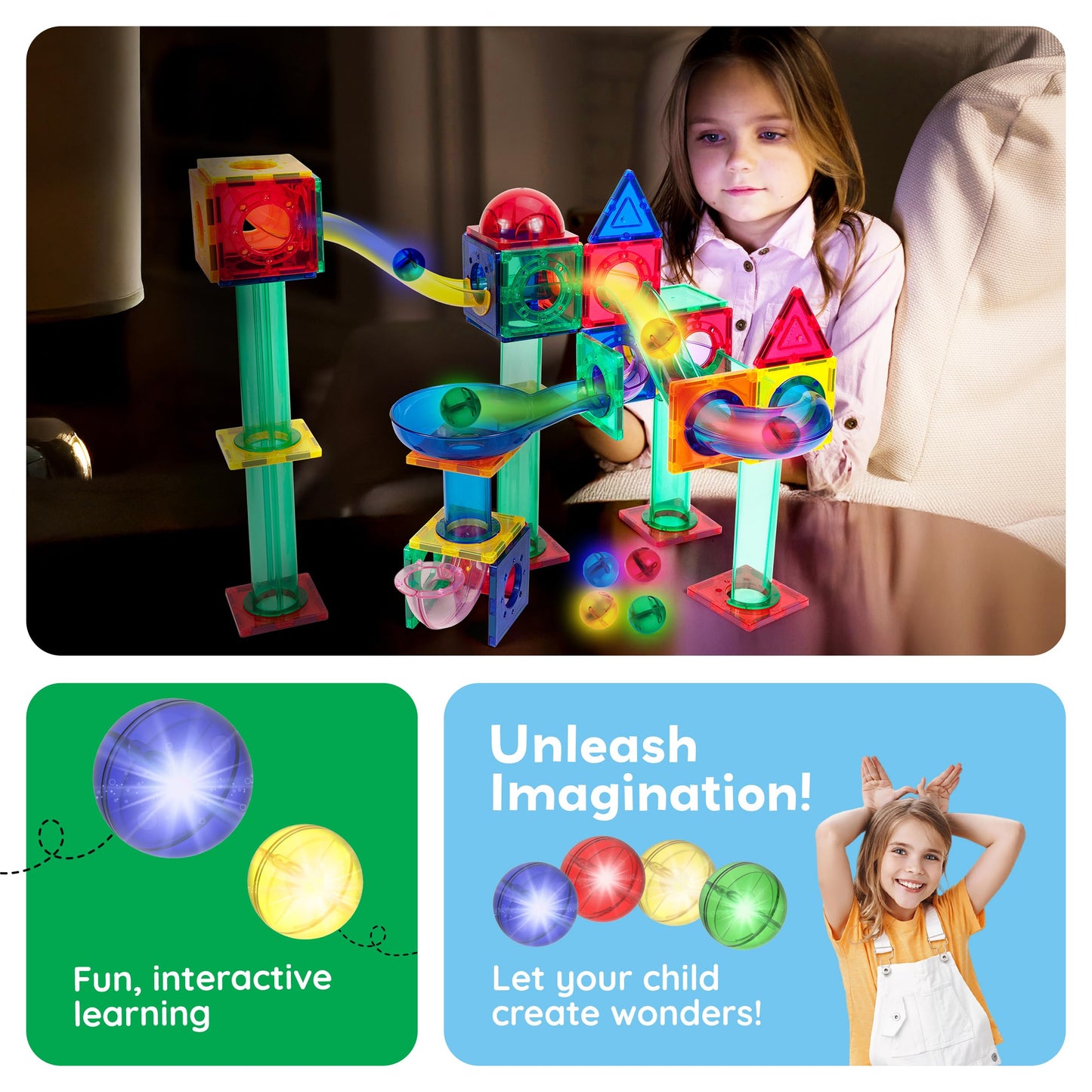 PicassoTiles Motion Activated Marbles 4pc LED Light-Up Glow in The Dark Translucent Balls for Marble Run Race Racetrack Maze Magnetic Construction Magnet Tiles Building Block STEM Education Kids Toys