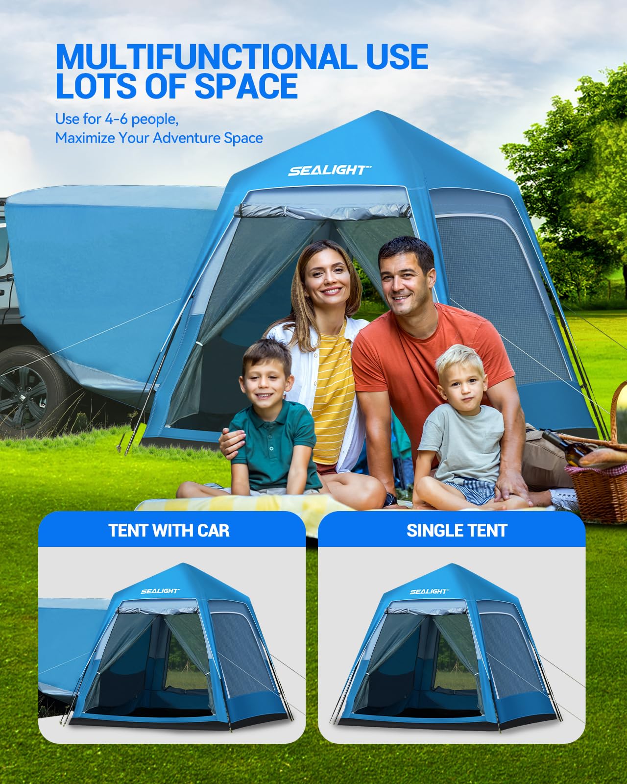SEALIGHT SUV Tent for Camping 6 Person Pop Up Tent Double Layer PU3000mm Waterproof Car Camping Tent with Rainfly and Storage Bag，Weather Resistant SUV Tailgate Tent，10FT L x 8FT W x 7.2FT H Blue