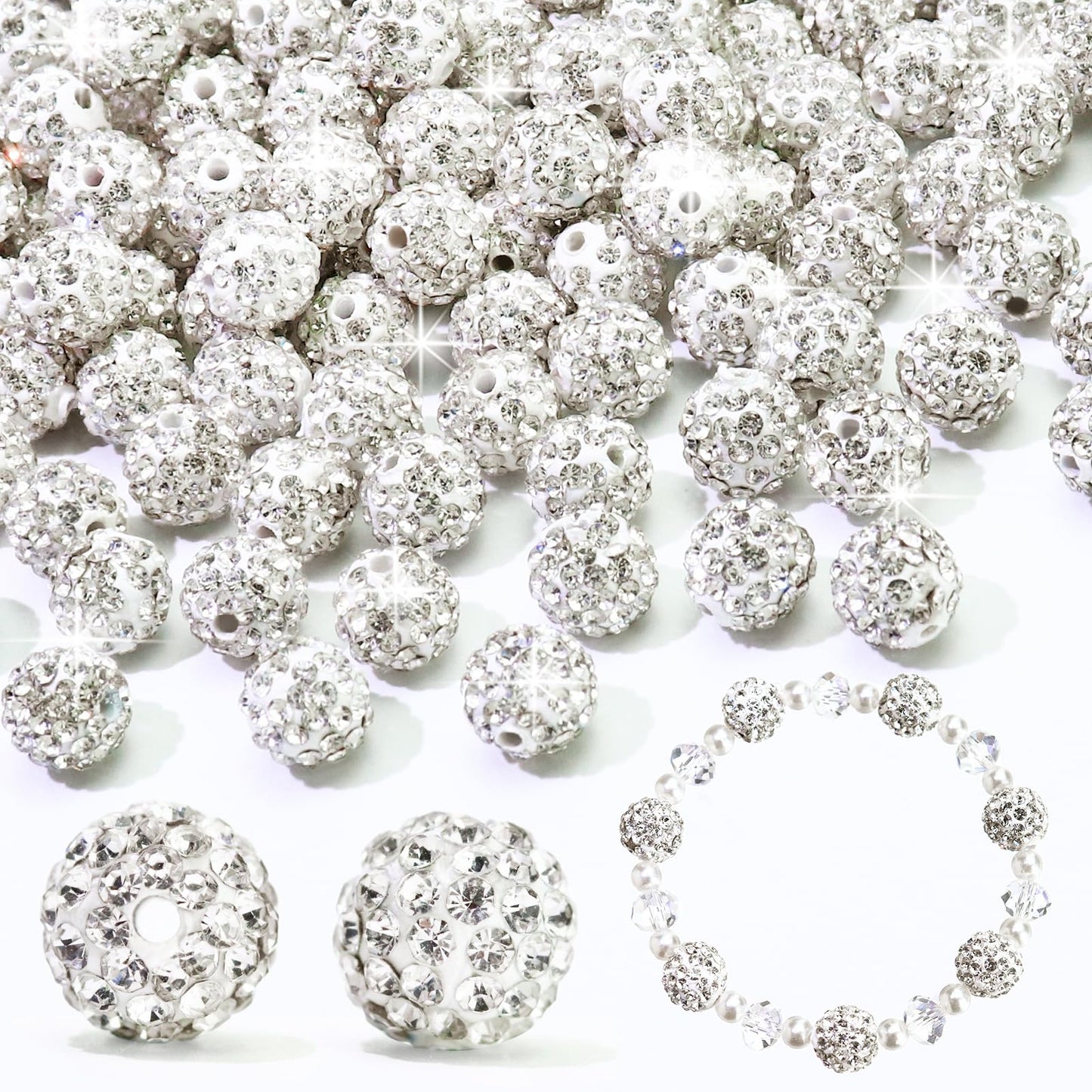 Dowarm 110PCS 10MM White Rhinestone Beads for Jewelry Making, Round Polymer Clay Crystal Beads for Crafts Bracelet Necklace Beaded Pen, Shamballa Pave Disco Ball Diamond Bead
