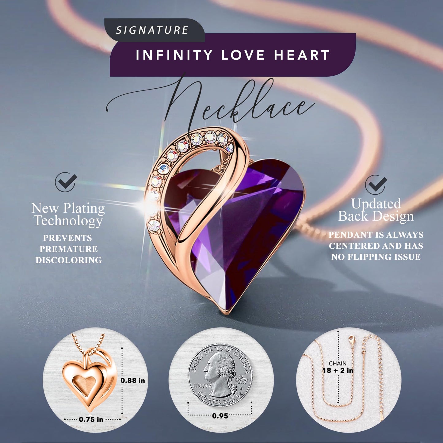 Leafael Gifts for Women Rose Gold Plated Necklaces: Heart Dark Amethyst Pink Crystal, February Birthstone, Hypoallergenic Chain (18"+2"), Birthday Jewelry for Mom and Wife