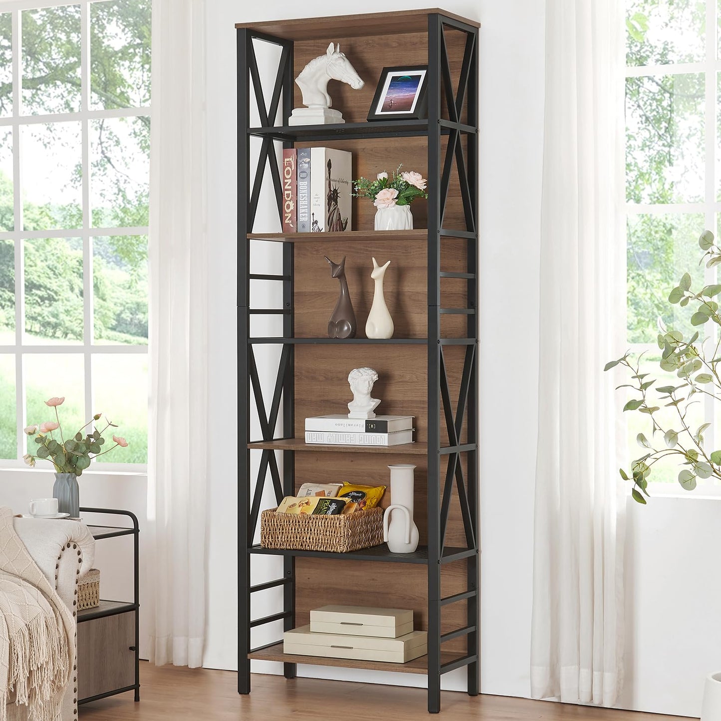 HOMISSUE Tall Bookshelf, 7-Tier Book Shelf, Rustic Wood Metal Bookshelves and Bookcases, Freestanding and Industrial Open Bookcase for Home Office, Living Room and Bedroom, Vintage Brown