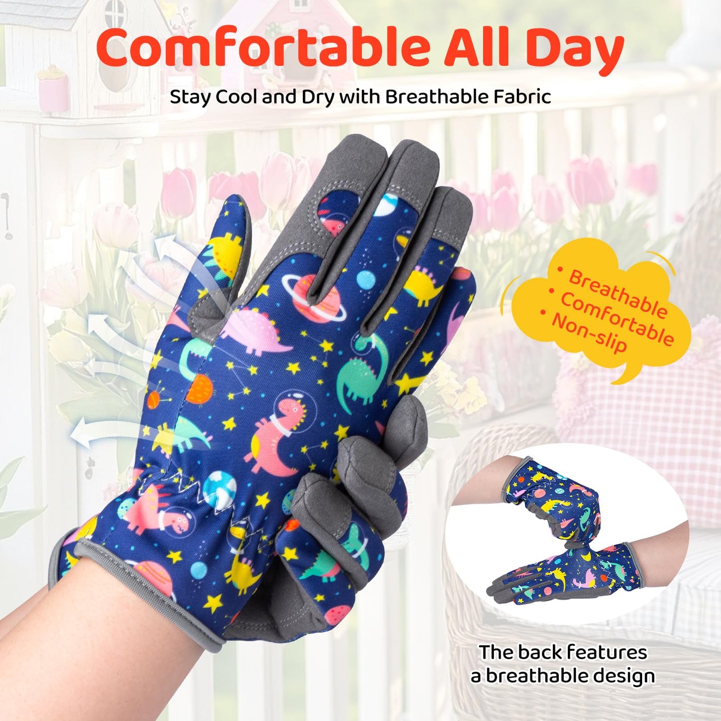 Granila Gardening Gloves for Boys Girls Ages 8-12, Breathable Soft Safety Garden Yard Work Gloves for Kids Children Leather Thorn Proof for Playing, Digging, Planting,Pruning