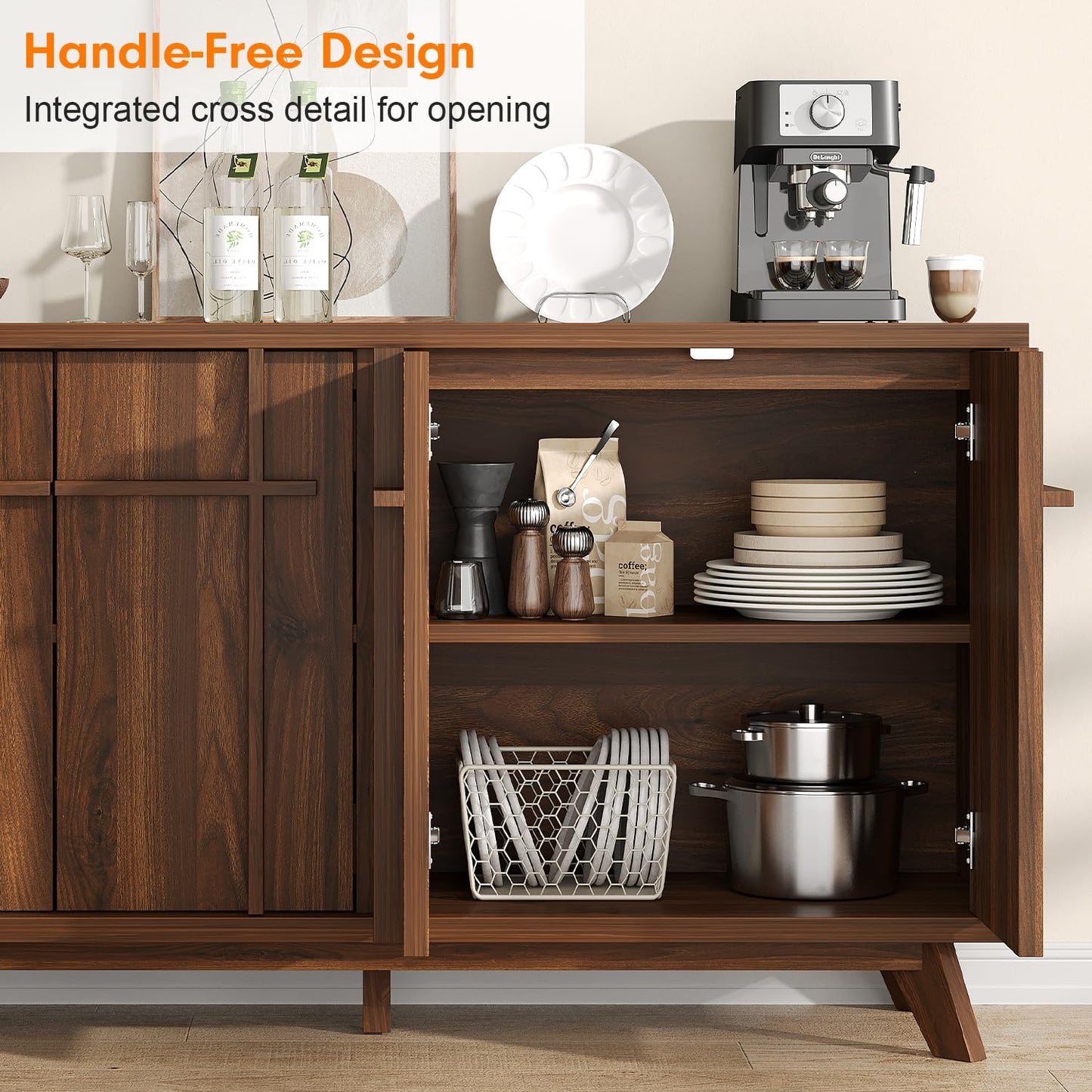 knoworld Sideboard Buffet Cabinet with Storage, 59" Modern Credenza with 4 Doors & Adjustable Shelves, Wood Console Cabinet for Living Room Kitchen Dining Room Hallway (Walnut)