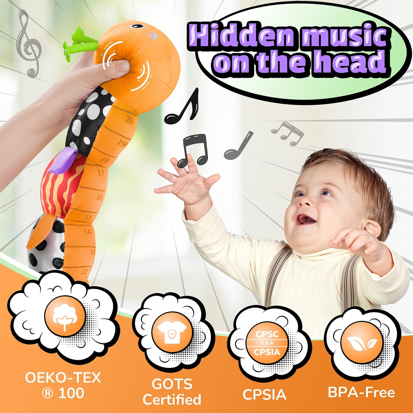 LIGHTDESIRE Baby Toys Musical Caterpillar,Stuffed Animals Infant Toys 3 6 12 Months Sensory Toys with Ruler Design,Crinkle&Rattles,Baby Teething Toy Tummy Time Boy Gifts Easter Basket Stuffer,Orange