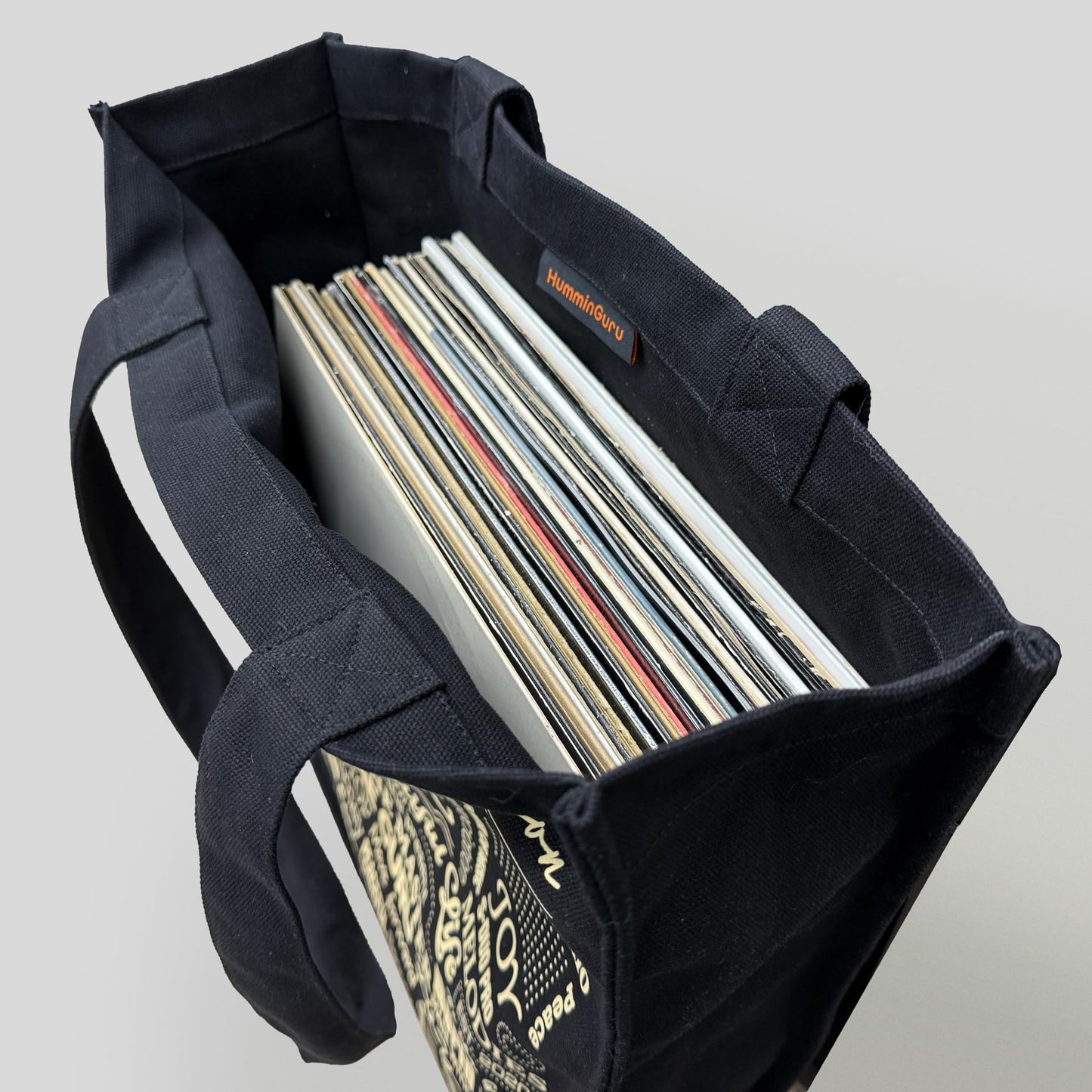 HumminGuru Heavy-Duty Vinyl Record Tote Bag | 16oz Premium Cotton Canvas LP Carrier | Holds 30+ Albums, 17” Laptop & Accessories | Ergonomic Shoulder Strap for Digging & Travel