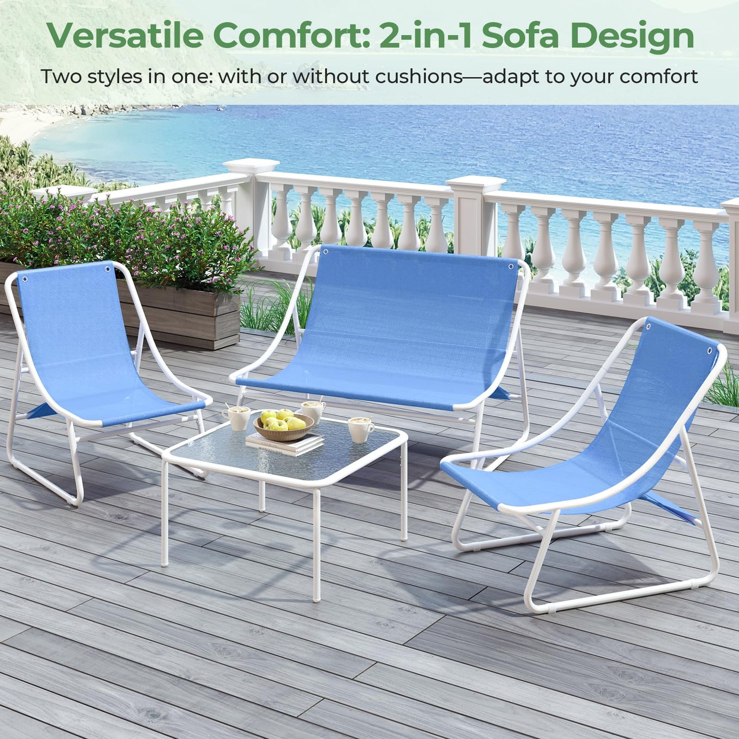 Jocoevol Patio Furniture Set, 4-Piece Outdoor Patio Conversation Set, 2-in-1 Metal Patio Sofa Sets with Cushions & Glass Coffee Tablefor Backyard, Garden, Porch, Poolside, White & Blue
