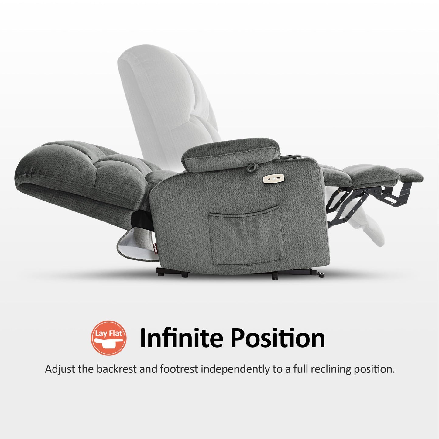 MCombo Oversized Dual Motor Power Lift Recliner Chair Sofa with Massage and Heat for Big Elderly People, Infinite Position, USB Ports, Fabric R7677 (Grey, Medium-Oversize)