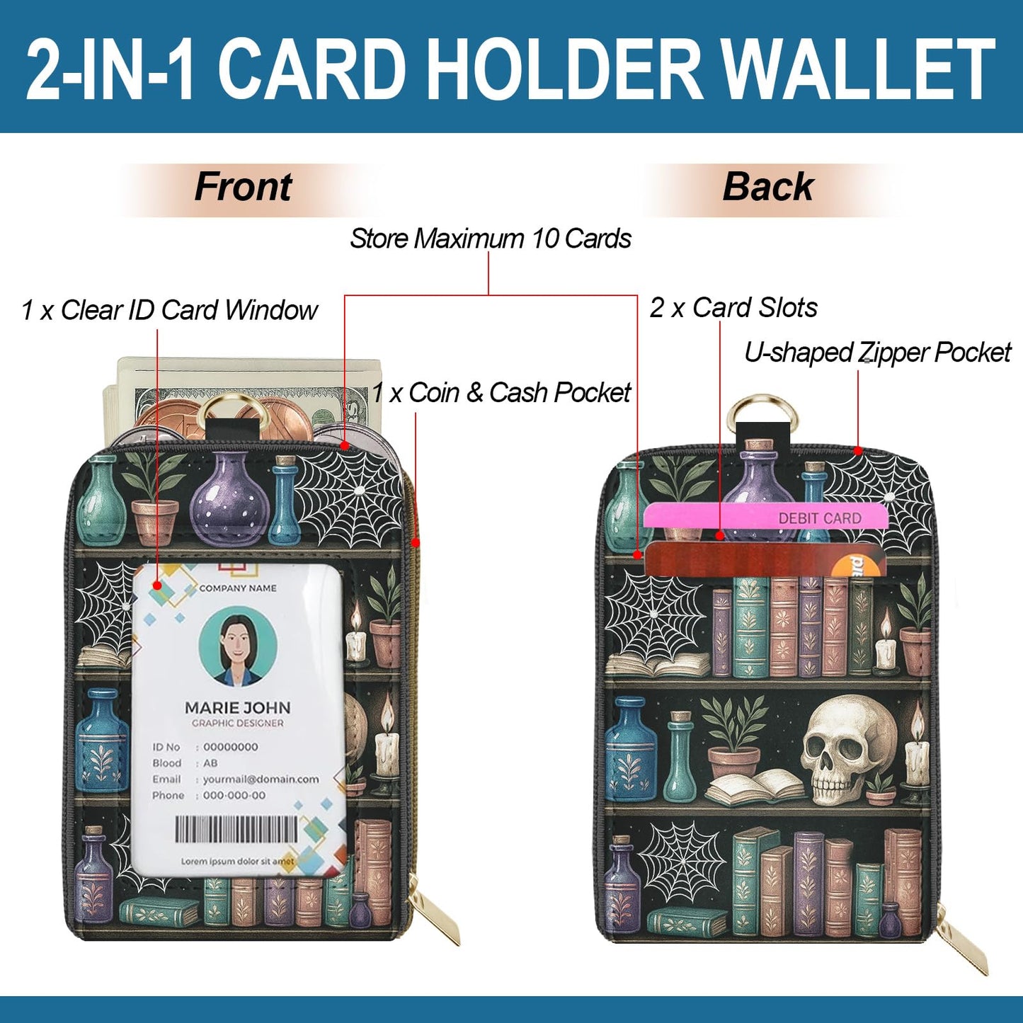 QRZIQRZ Lanyards Wallet & ID Badge Holder,Skull Bookshelf ID Case with Zipper,RFID Credit Card Holder for Women,Detachable Neck Lanyard Wrist Strap with Keychain Phone Holder for Teacher Nurse Gifts