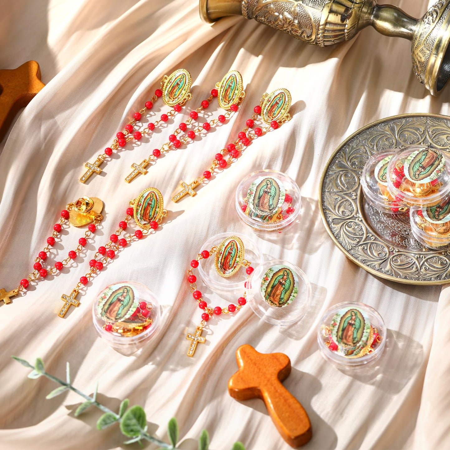 Landical 12 Pcs Our Lady of Guadalupe Rosary Lapel Pin Baptism Favor for Guests First Communion Gift Religious Catholic Pin Christian Event Funeral Memorial Favors(Red)