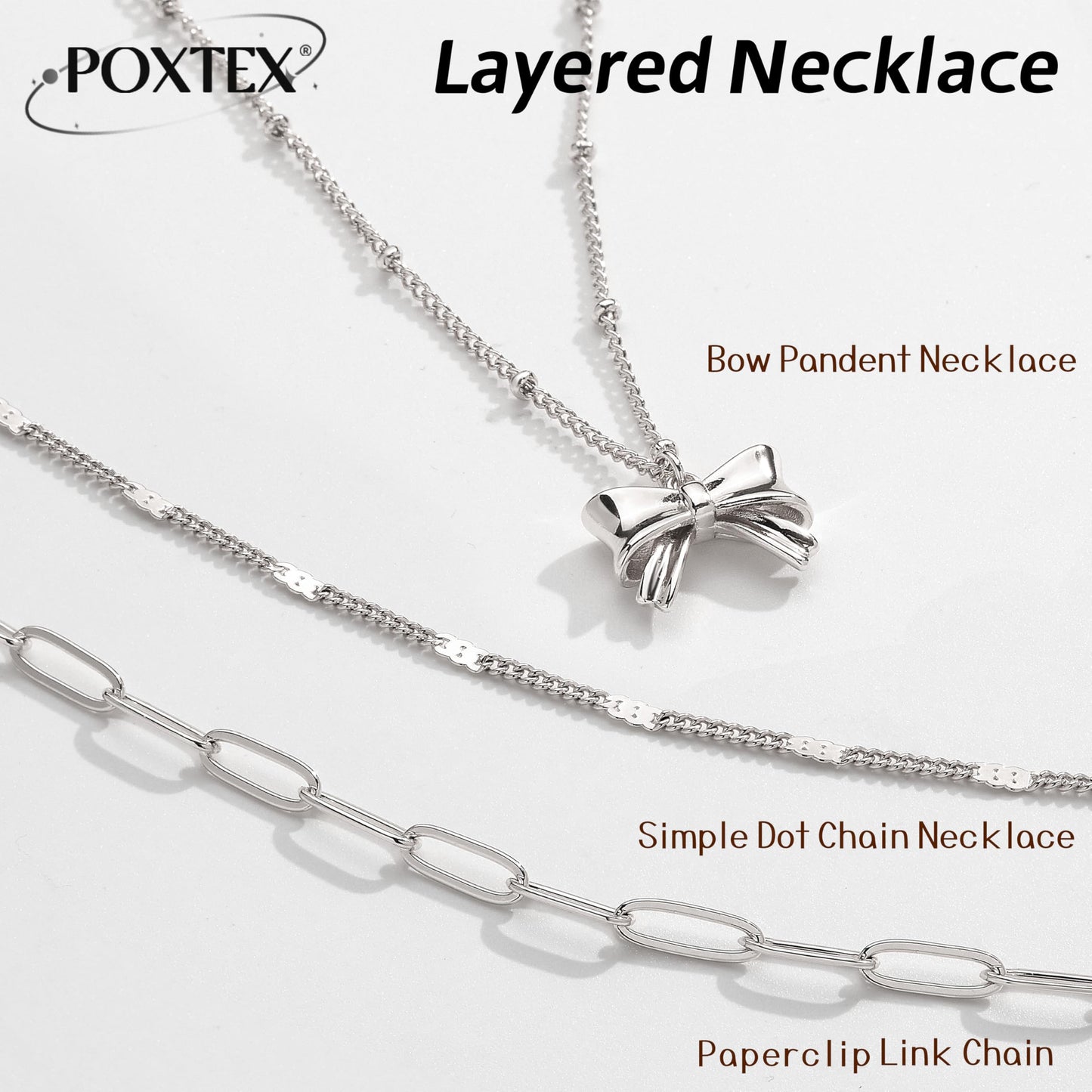Layered Silver Bow Necklaces for Women, Silver Plated Dainty Stackable Choker Necklaces for Women, Trendy Layering Small Bow Pendant Paperclip Thin Chain Necklace Set Jewelry Gifts for Women