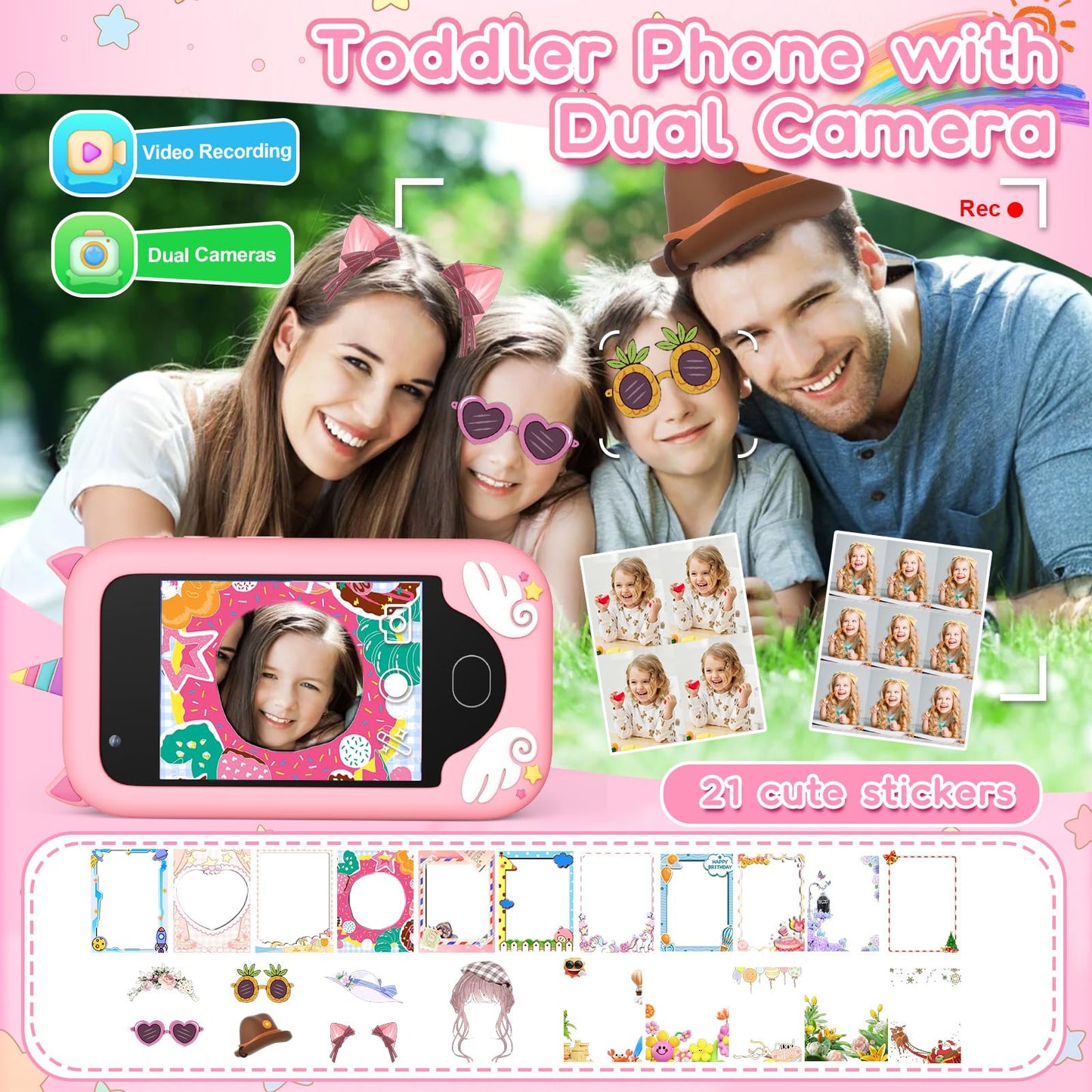 Gocina Kids Phone for Girls Age 3-10 - Toddler Smart Phone Toys with Touchscreen, Dual Cameras, Learning, Perfect Christmas Birthday Gift with 32G SD Card