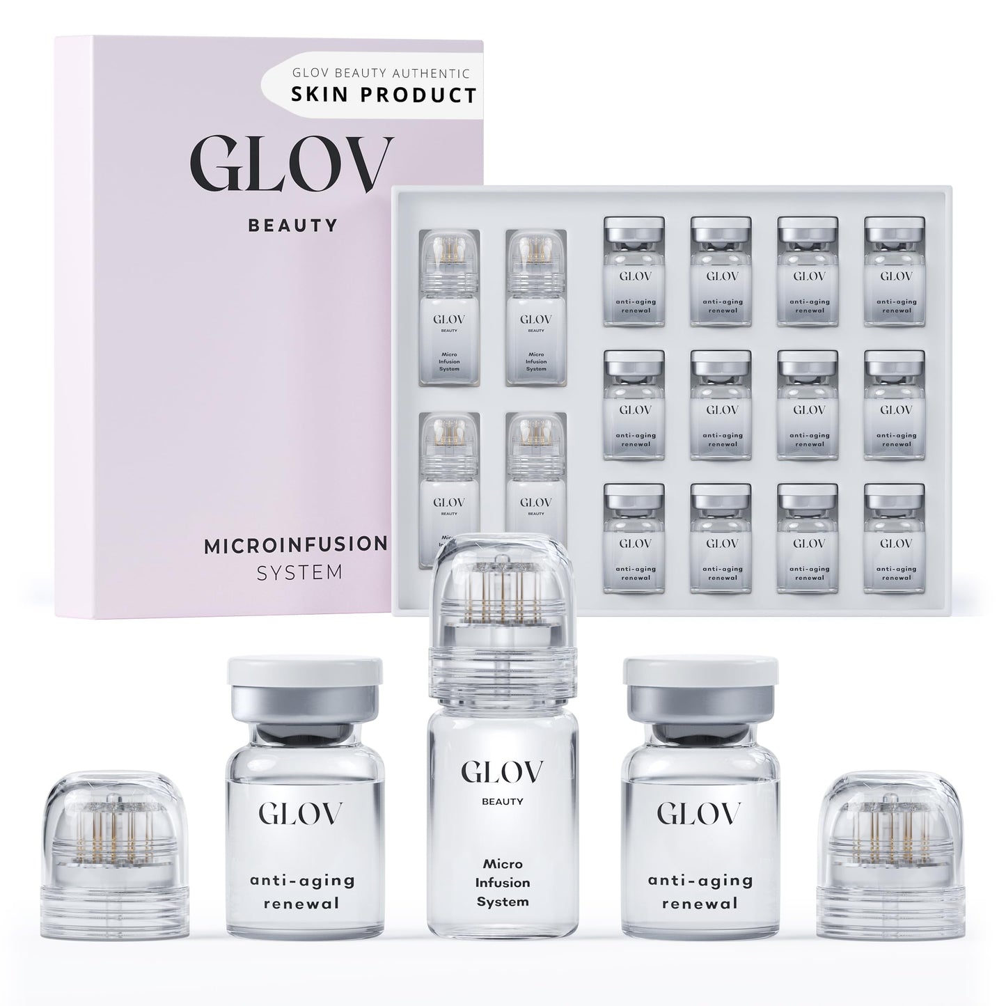 Glov Beauty Micro Infusion System for Face & Lips – 0.25mm 24k Gold Cosmetic Facial Stamp with Hyaluronic Acid, Collagen Peptides & Licorice Root Serum Ampoules (4x Infusion Application, 12x Serums)